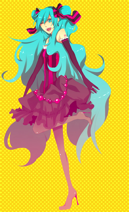 saine, hatsune miku, vocaloid, bad id, bad pixiv id, 1girl, aqua eyes, aqua hair, earrings, elbow gloves, female focus, full body, gloves, hair ribbon, high heels, jewelry, long hair, pantyhose, ribbon, ring, shoes, skirt, smile, solo, twintails, very long hair, wink