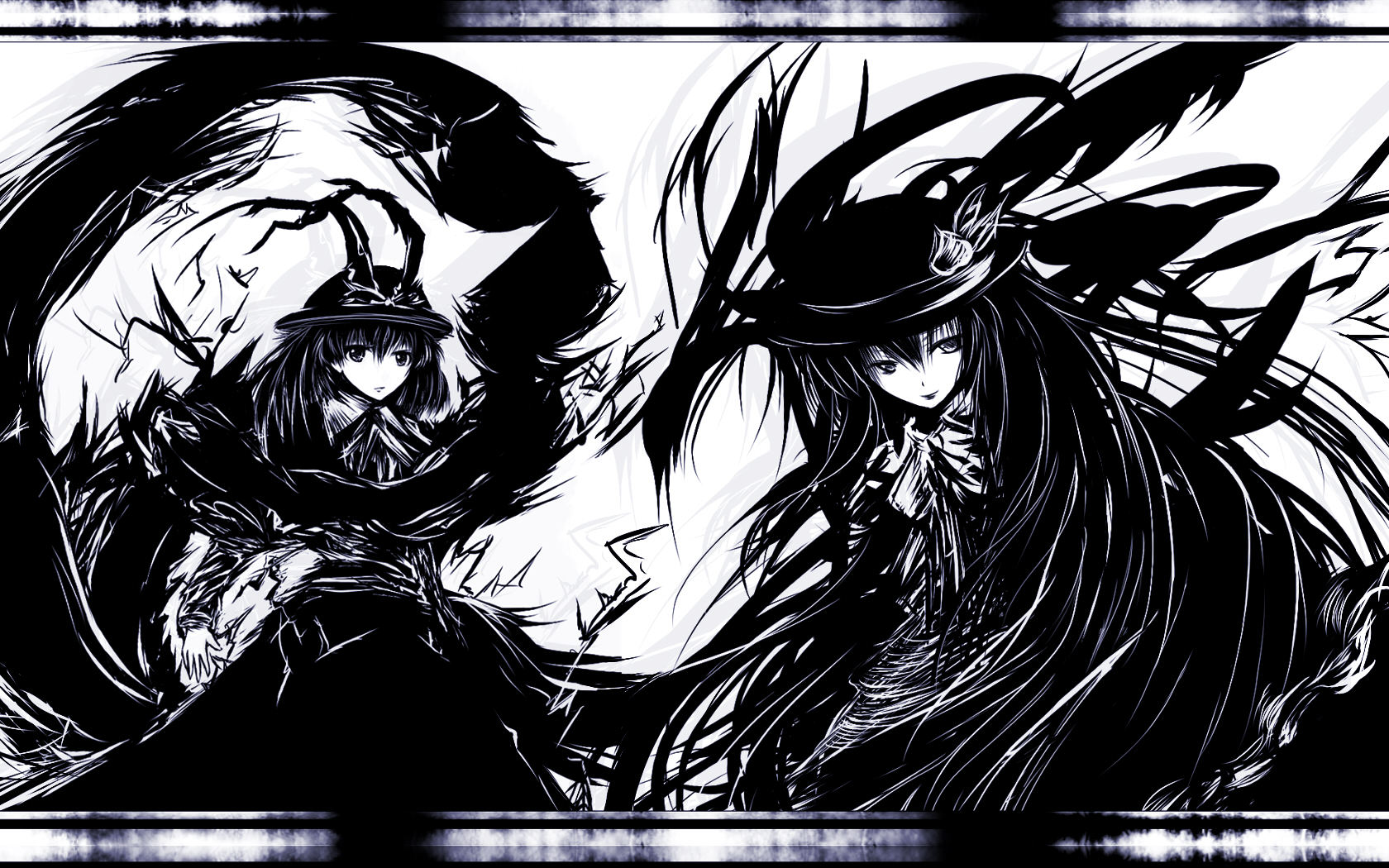 acryl, hinanawi tenshi, nagae iku, touhou, bad id, bad pixiv id, highres, 2girls, female focus, greyscale, monochrome, multiple girls