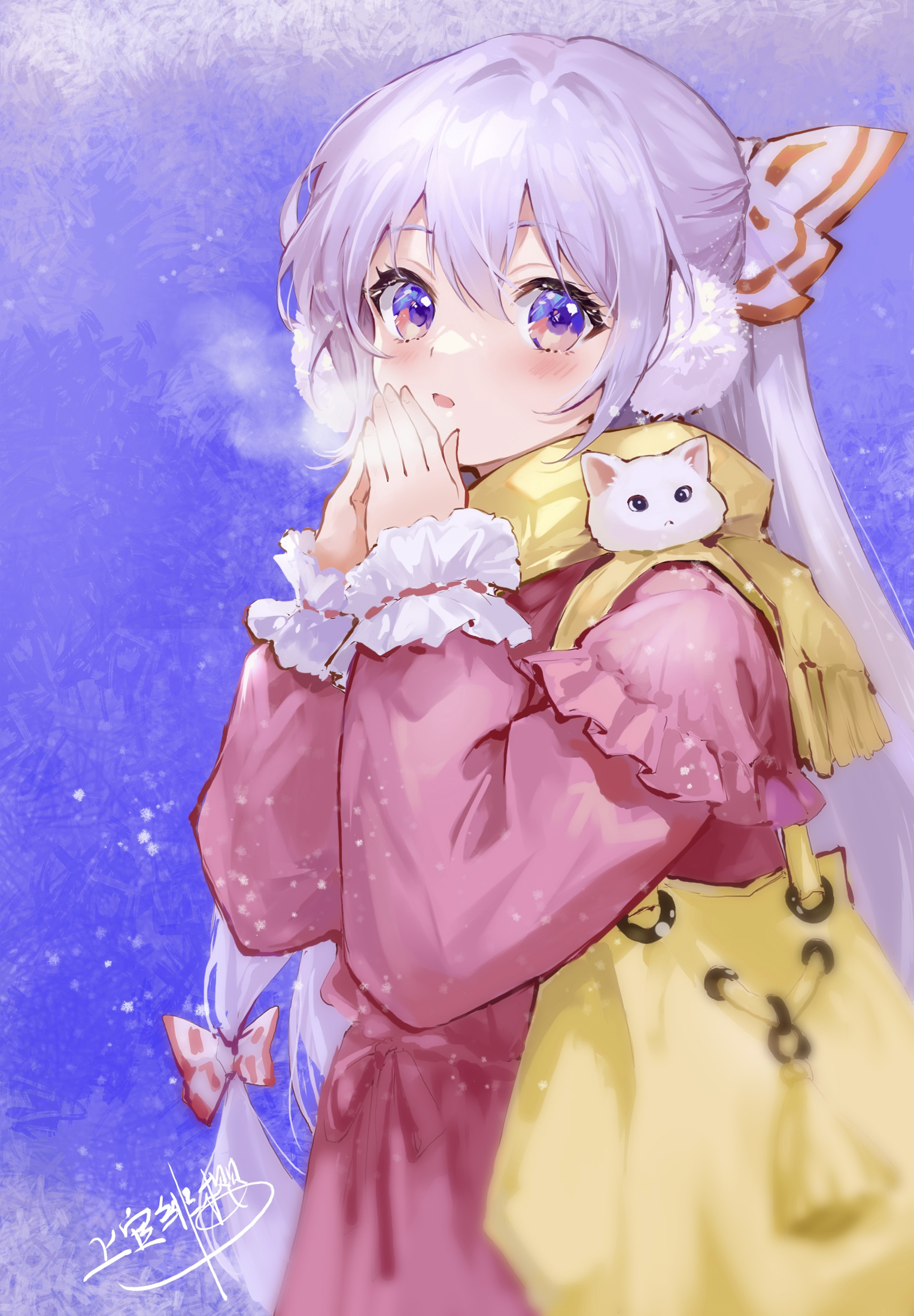 jokanhiyou, fujiwara no mokou, touhou, highres, 1girl, blue eyes, breathing on hands, coat, cold, creature, light blush, long hair, looking at viewer, ofuda, ofuda on head, parted lips, pink coat, scarf, solo, upper body, warming hands, white hair, yellow bag, yellow scarf