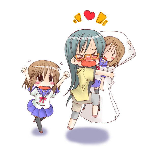 nakamachi kana, nishida haruka, kanamemo, 00s, blue hair, breasts, brown eyes, brown hair, dakimakura (medium), glasses, large breasts, long hair, newspaper, pillow, school uniform, short hair, yuri