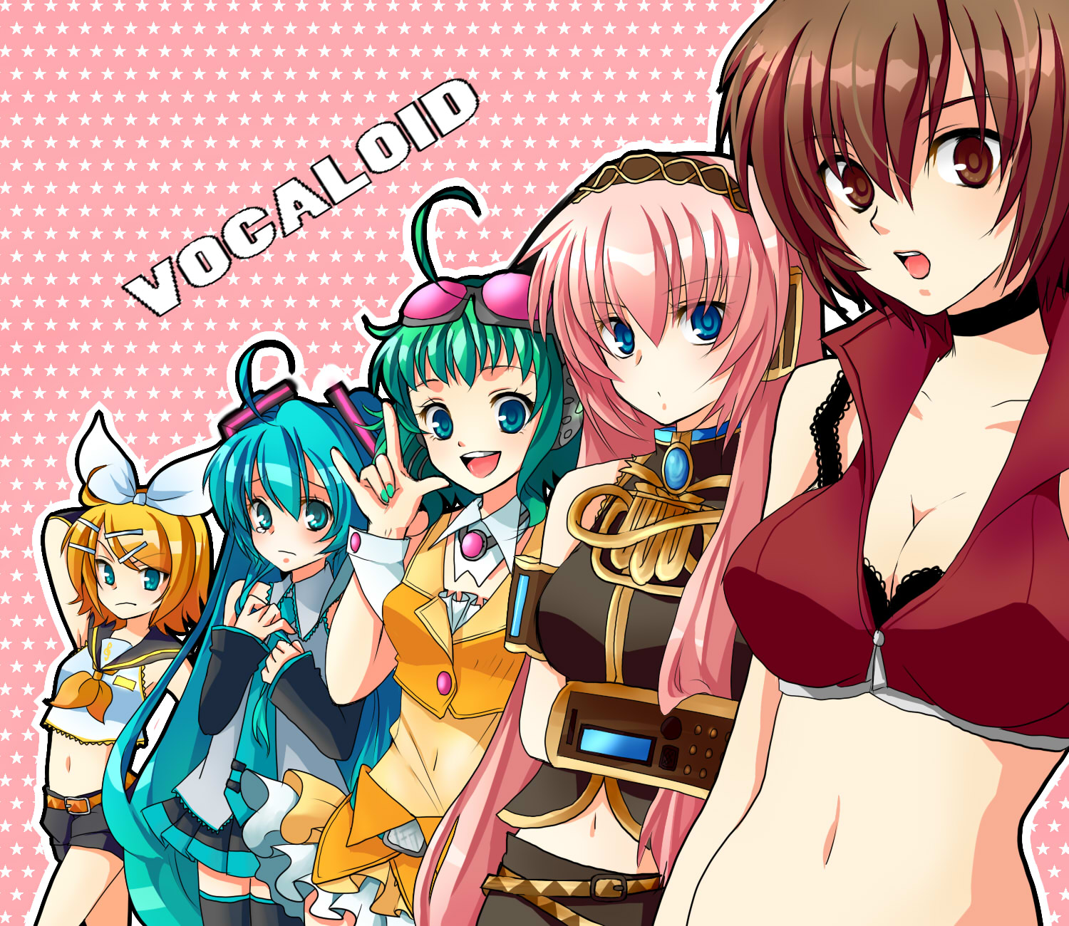 mokorei, gumi, hatsune miku, kagamine rin, megurine luka, meiko (vocaloid), vocaloid, highres, 5girls, ahoge, aqua eyes, aqua hair, blonde hair, blue eyes, blush, breasts, brown eyes, brown hair, cleavage, goggles, goggles on head, green hair, hair ornament, hair ribbon, hairclip, long hair, m/, midriff, multiple girls, navel, pink hair, ribbon, short hair, short shorts, shorts, smile, tears, thighhighs, twintails