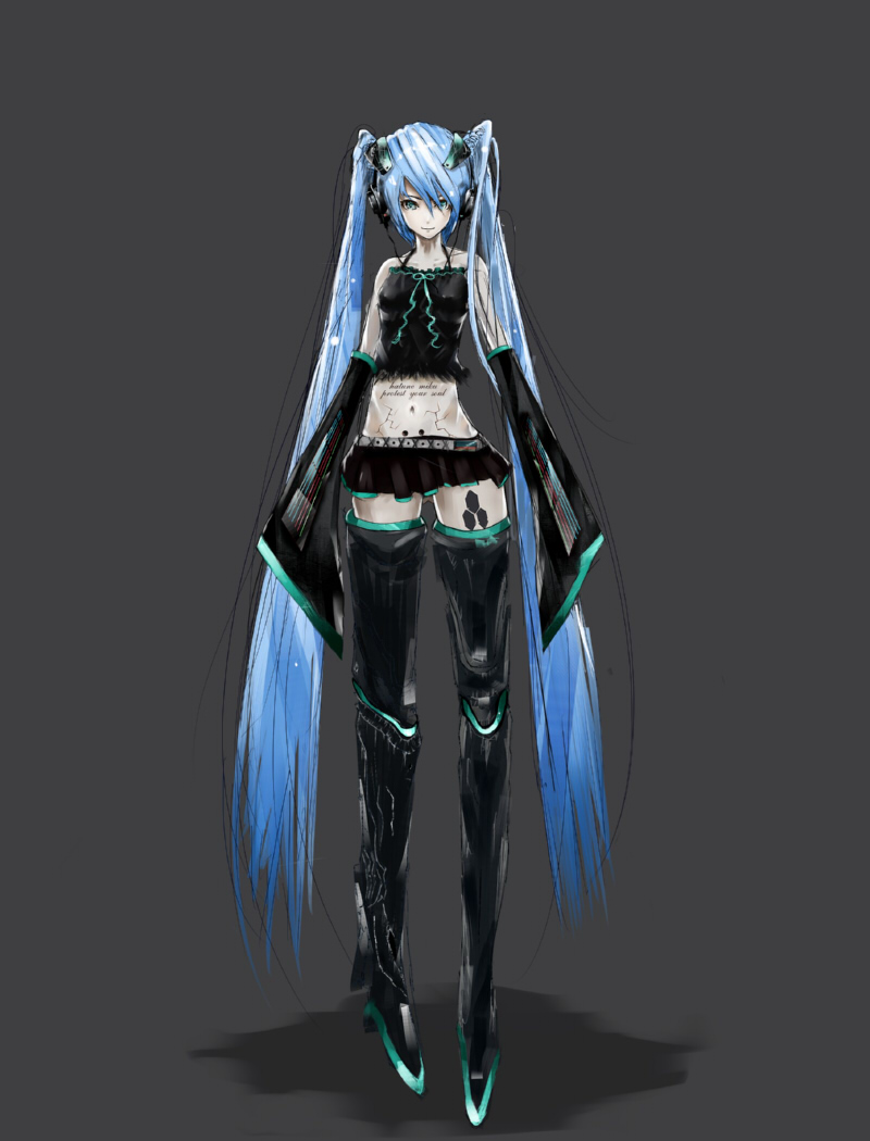 shin'ya (330696), shinya (pixiv832375), hatsune miku, vocaloid, bad id, bad pixiv id, 1girl, alternate costume, aqua eyes, blue hair, detached sleeves, female focus, full body, headphones, long hair, midriff, simple background, skirt, smile, solo, tattoo, thighhighs, twintails, very long hair, zettai ryouiki