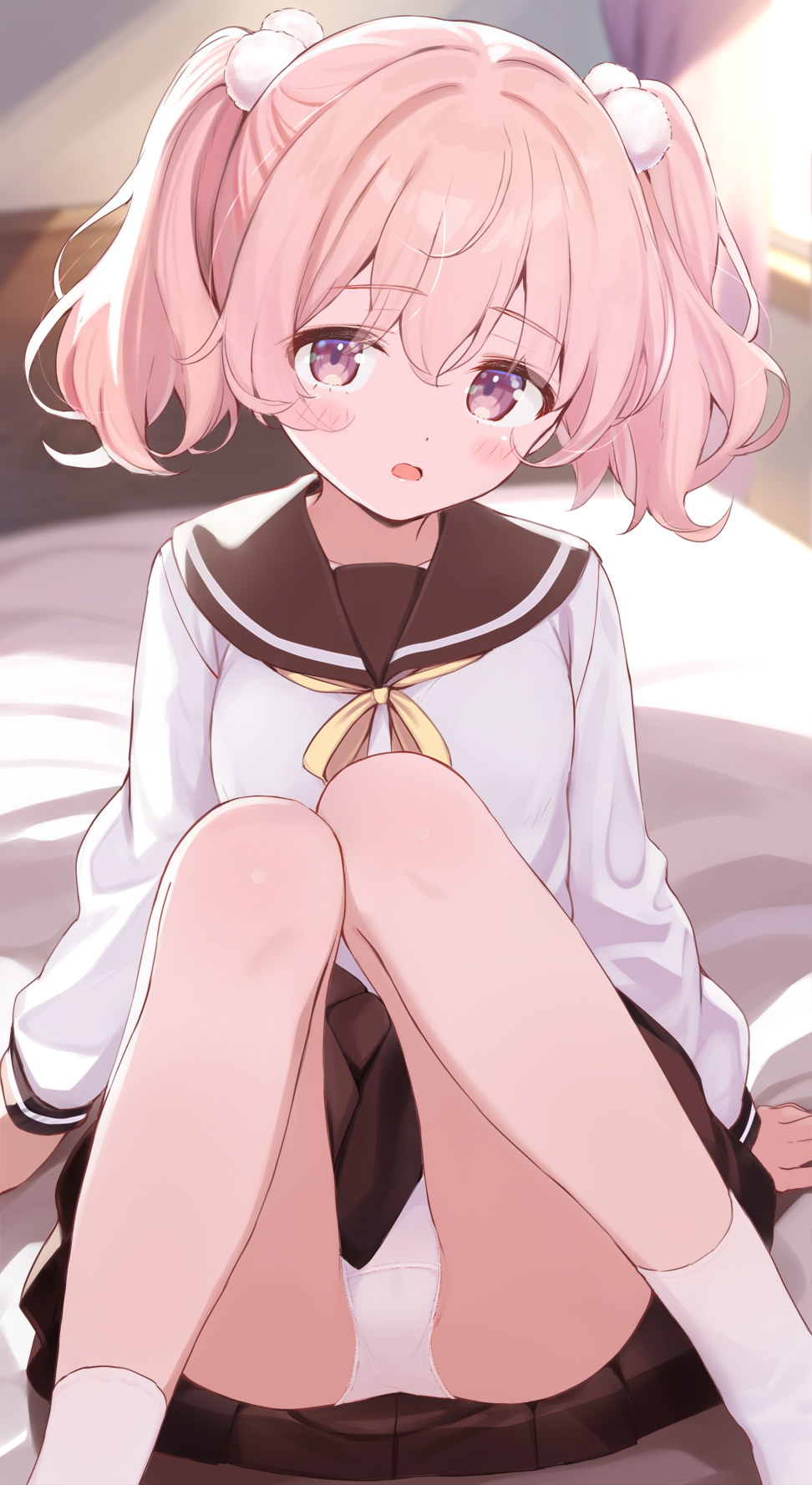 komone ushio, original, commentary request, highres, 1girl, arm support, arms at sides, black sailor collar, black skirt, blush, choppy bangs, colored pubic hair, crotch seam, dot nose, feet out of frame, indoors, knees up, long sleeves, looking at viewer, no shoes, on bed, open mouth, panties, pink eyes, pink hair, pubic hair, purple pubic hair, ribbon, sailor collar, school uniform, serafuku, shirt, short hair, sitting, skirt, socks, solo, twintails, underwear, white panties, white shirt, white socks, yellow ribbon