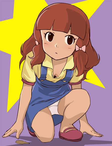 haruyama kazunori, kuramochi yukiko, hitotsuboshike no ultra baasan, 1girl, bow, brown hair, downblouse, female focus, hair bow, panties, solo, squatting, underwear, upskirt