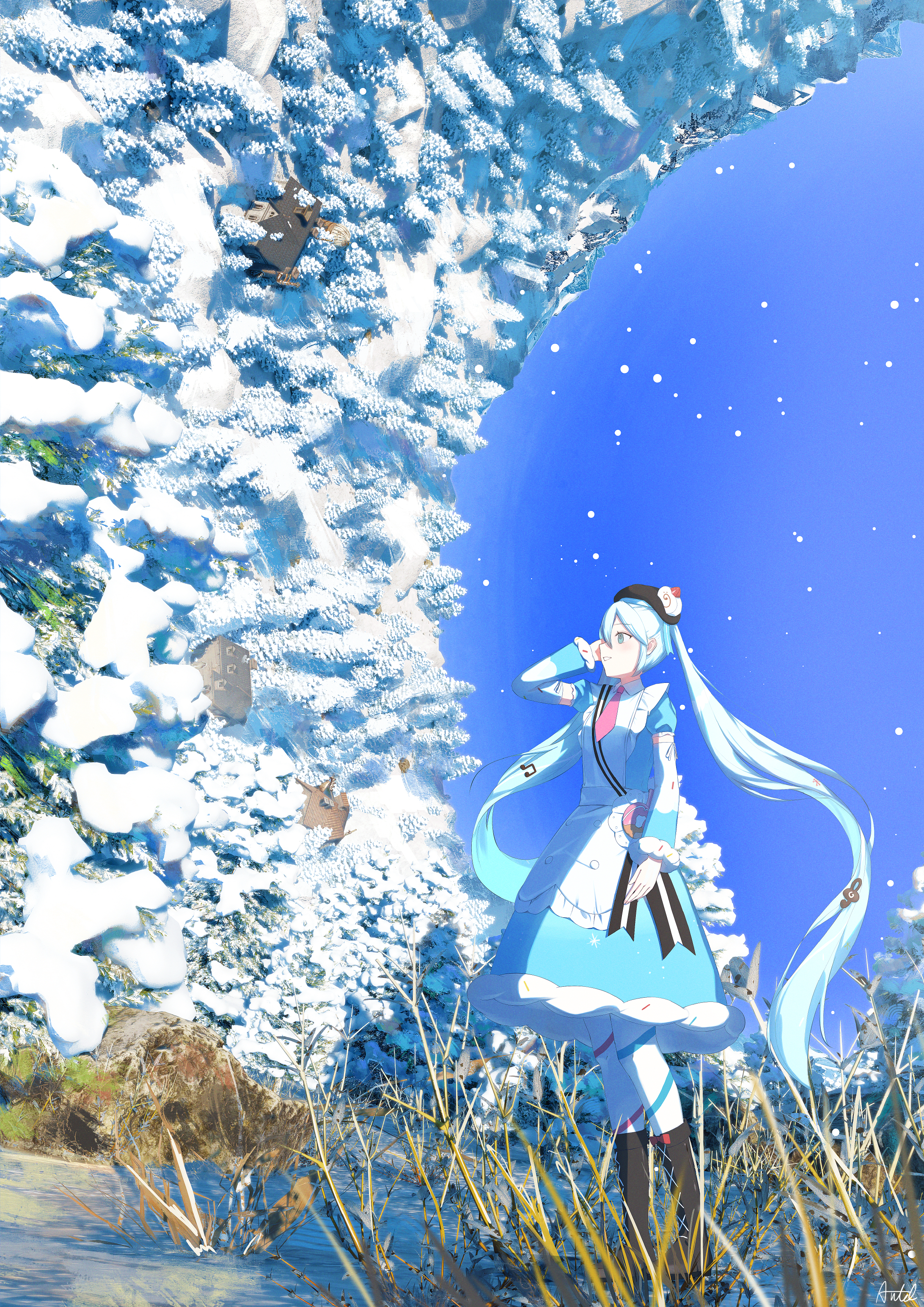 hatsune miku, yuki miku, yuki miku (2026), vocaloid, absurdres, commentary request, highres, 1girl, antel 1811, asymmetrical legwear, blue bow, blue dress, blue eyes, blue hair, blue pantyhose, boots, bow, brown boots, brown hat, cookie hair ornament, day, diagonal-striped pantyhose, double-parted bangs, dress, food-themed hair ornament, footwear bow, full body, hair ornament, hat, house, long hair, long sleeves, mismatched legwear, musical note-themed food, necktie, outdoors, pantyhose, parted lips, pink bow, pink necktie, pink pantyhose, scenery, smile, snow, snowflakes, snowing, solo, standing, striped clothes, striped pantyhose, wide sleeves, winter