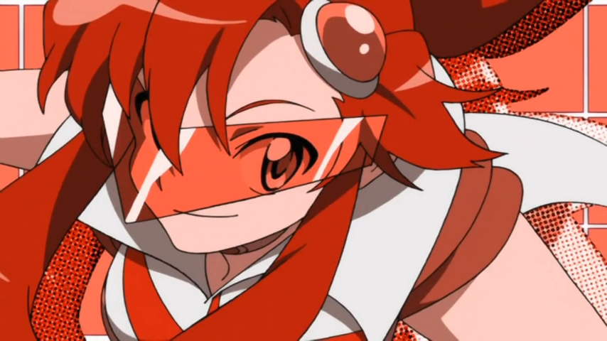 yoko littner, pieces of sweet stars, tengen toppa gurren lagann, visor, 00s, orange-tinted eyewear, orange-tinted glasses, red hair, smile, solo, sunglasses, tinted eyewear