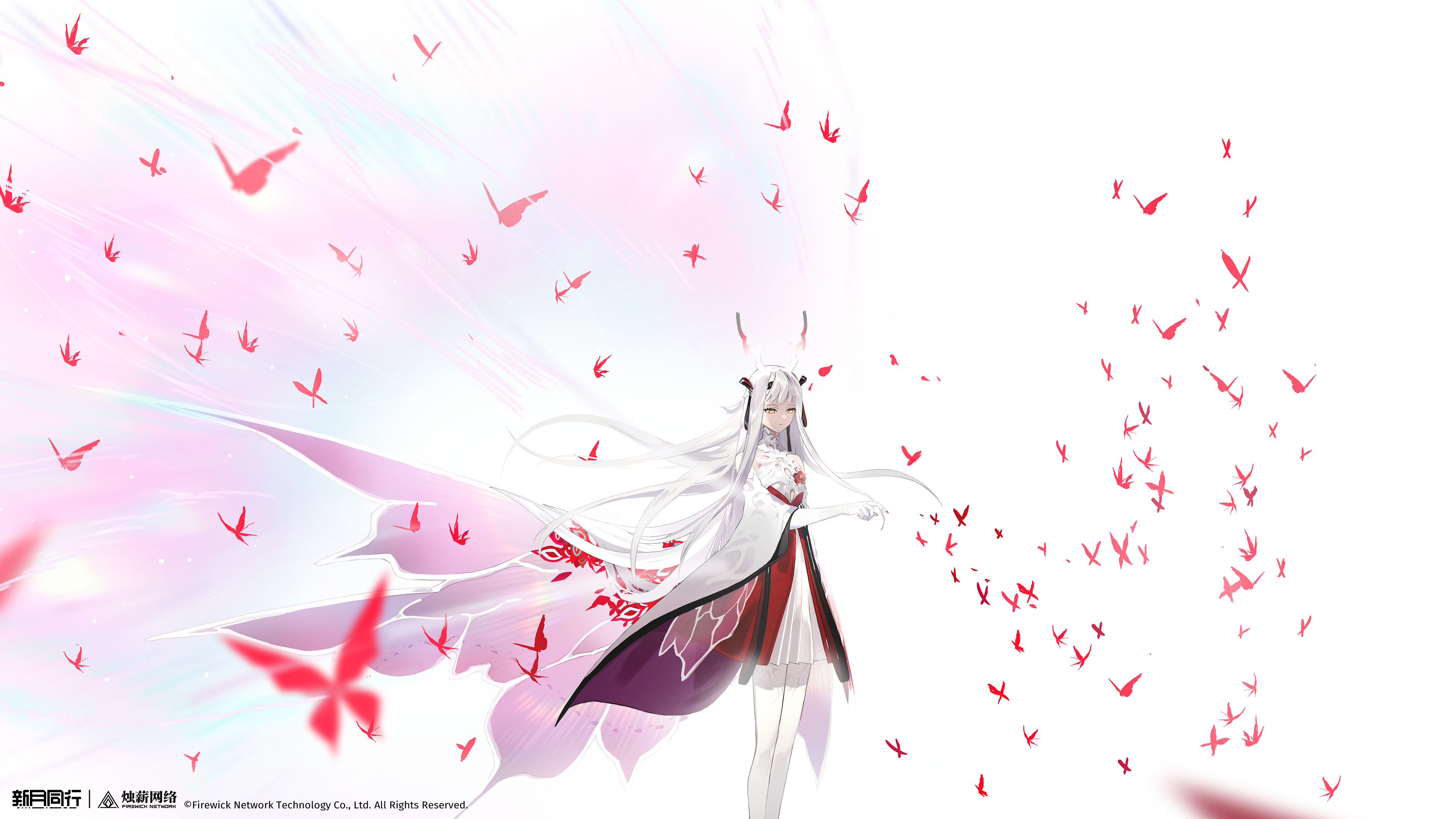 shixi (xinyue tongxing), xinyue tongxing, absurdres, highres, official art, official wallpaper, 1girl, bare shoulders, black hairband, bug, butterfly, cape, copyright name, copyright notice, detached sleeves, dragon horns, dress, eastern dragon horns, feet out of frame, floating hair, flower, flower on chest, hair ornament, hairband, hand up, horns, insect, logo, long hair, pantyhose, red butterfly, red dress, red flower, short dress, sleeveless, sleeveless dress, solo, standing, too many, too many butterflies, very long hair, white background, white cape, white hair, white hands, white pantyhose, white sleeves, wide sleeves, yellow eyes