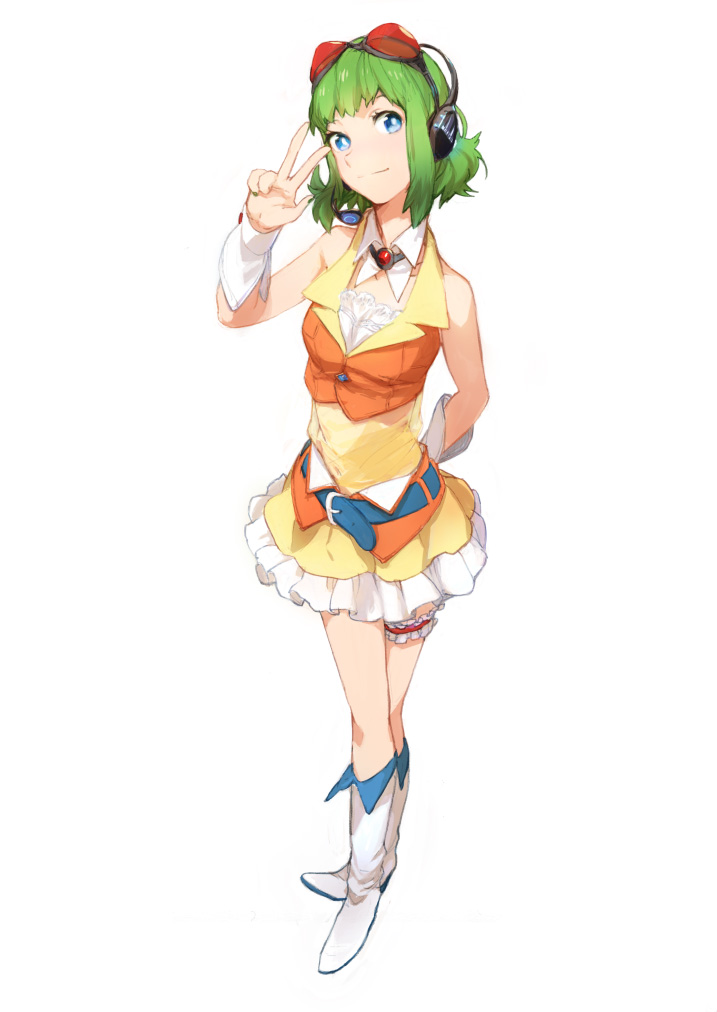 mitosa, gumi, vocaloid, 1girl, belt, blue eyes, boots, female focus, full body, goggles, green hair, headphones, headset, midriff, red-tinted eyewear, short hair, simple background, skirt, smile, solo, standing, tinted eyewear, v, white background, wrist cuffs