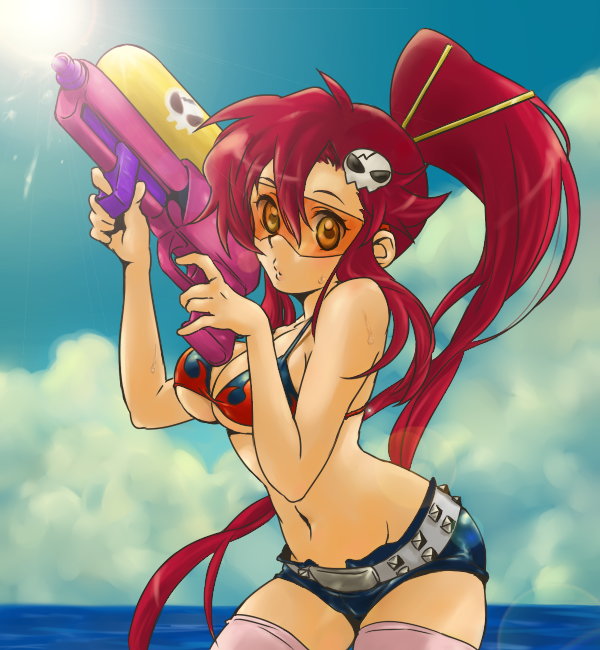 yachii, yoko littner, tengen toppa gurren lagann, 00s, 1girl, bare shoulders, belt, bikini, bikini top only, breasts, female focus, lens flare, long hair, midriff, navel, ponytail, red hair, safety glasses, skull, solo, sunglasses, swimsuit, thighhighs, tinted eyewear, very long hair, water gun, yellow-tinted eyewear, yellow eyes