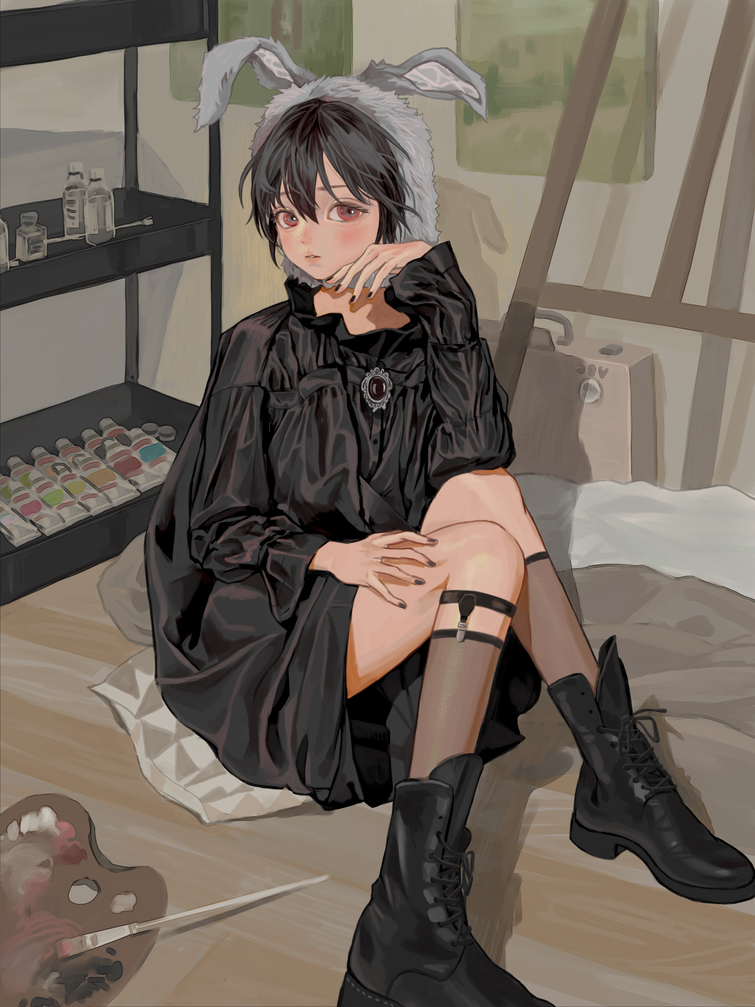 original, absurdres, commentary request, highres, 1girl, animal ears, black boots, black dress, black hair, blanket, blush, boots, brooch, brown eyes, collar, double-parted bangs, dress, easel, frilled collar, frills, garter straps, hair between eyes, hand on own chin, high collar, jewelry, kneehighs, kouroul, long sleeves, looking at viewer, nail polish, paint palette, paintbrush, pale skin, puffy long sleeves, puffy sleeves, shelf, short hair, sidelocks, sitting, socks, solo