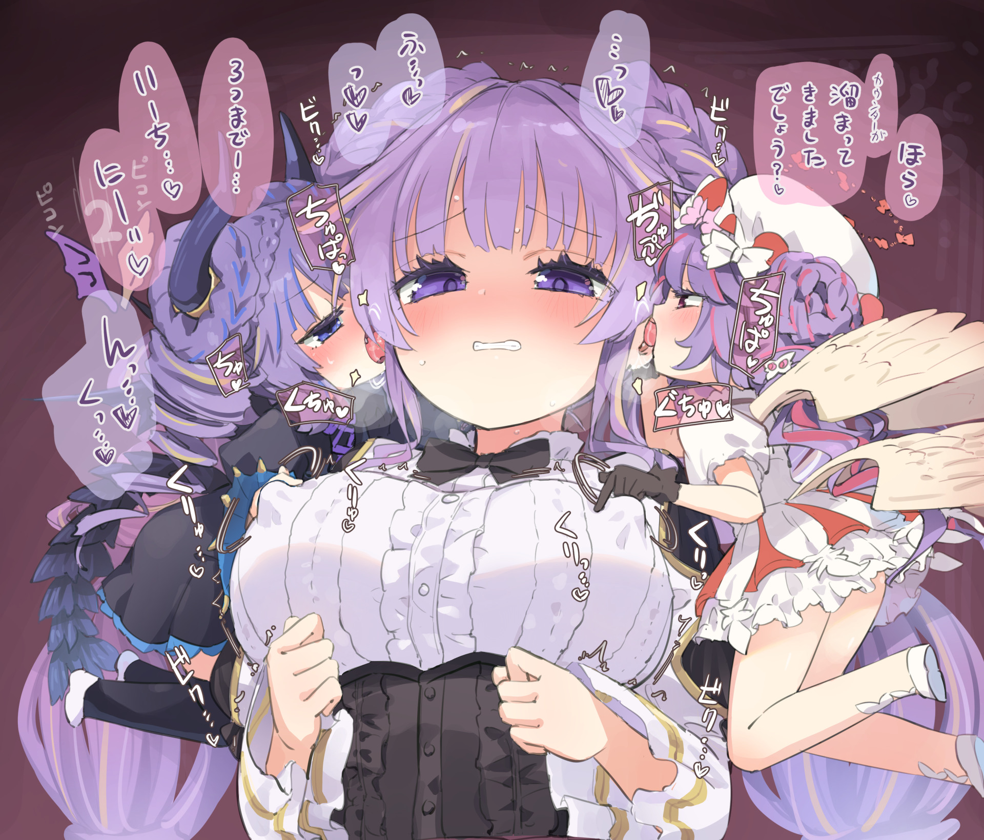 homura subaru, angello vaalmonica, dimonno vaalmonica, selettrice vaalmonica, yu-gi-oh!, commentary request, highres, translation request, 3girls, angel, angel and devil, angel wings, black bow, black corset, black dress, black thighhighs, blue eyes, bow, braid, breasts, chibi, corset, demon girl, demon horns, demon wings, double bun, dress, duel monster, embarrassed, frilled dress, frills, hair bun, hat, horns, large breasts, licking, licking another's face, long hair, long sleeves, looking at another, multiple girls, open mouth, orange eyes, pink hair, purple eyes, purple hair, speech bubble, thighhighs, thighs, tongue, tongue out, twin braids, very long hair, white dress, wings