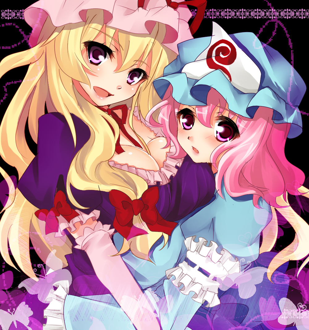 yuri (purinlove), saigyouji yuyuko, yakumo yukari, touhou, 2girls, bow, breasts, cleavage, female focus, hat, large breasts, multiple girls, pink hair