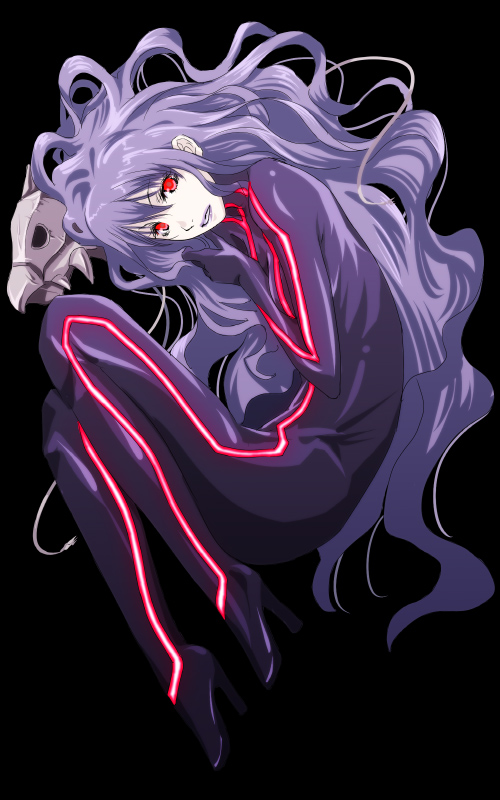 mr.romance, thanatos maero, ragnarok online, 1girl, bodysuit, curly hair, female focus, full body, high heels, laughing, lipstick, long hair, makeup, mask, monster girl, neon trim, pale skin, purple hair, red eyes, shoes, simple background, solo