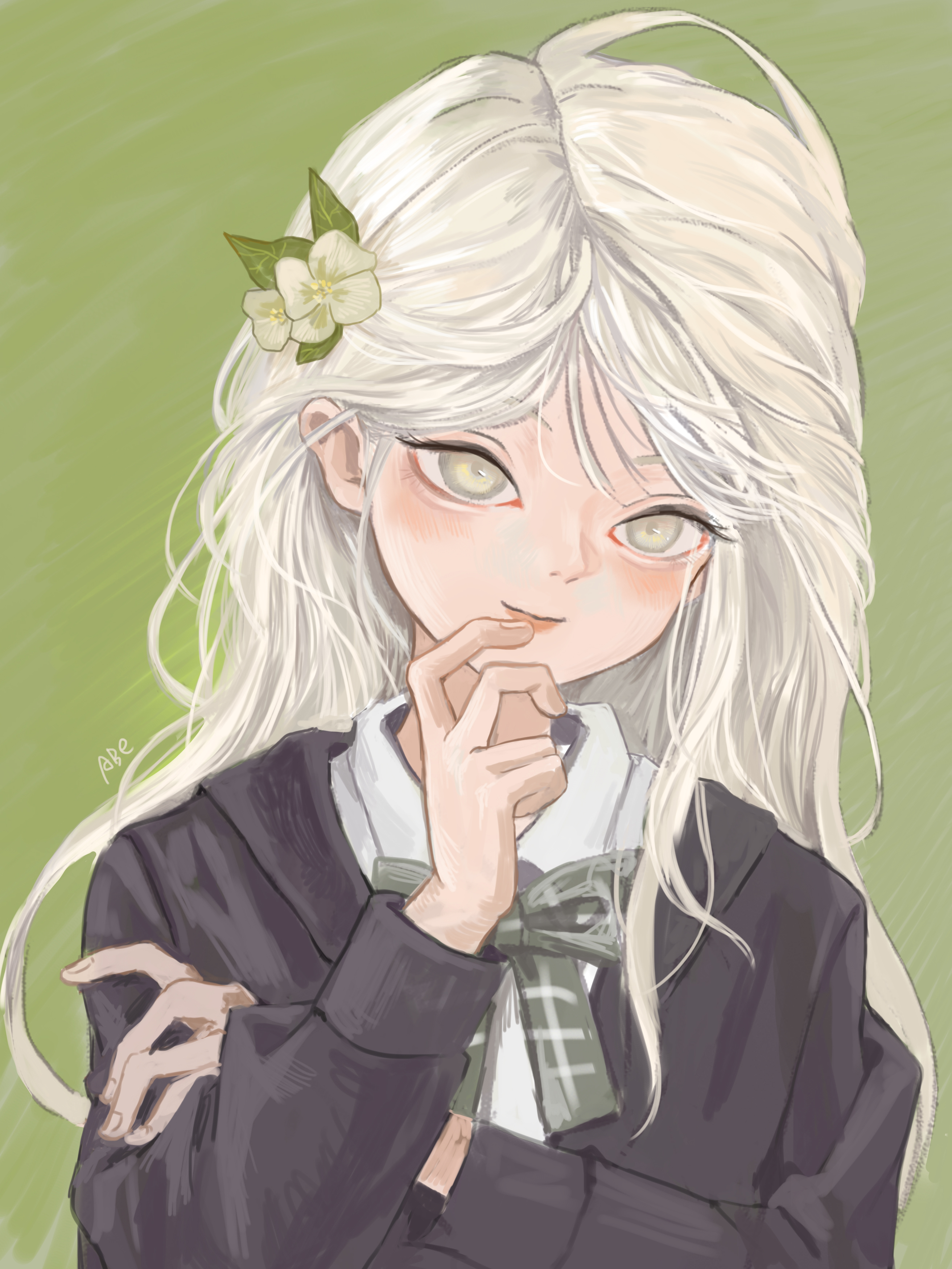 original, absurdres, commentary request, highres, 1girl, black sweater, blush, closed mouth, collared shirt, flower, gradient eyes, green background, green eyes, hair flower, hair ornament, hand on own face, kouroul, long hair, long sleeves, looking at viewer, multicolored eyes, neck ribbon, pale skin, parted bangs, ribbon, school uniform, shirt, signature, simple background, smile, solo, straight-on, sweater, upper body, white hair, white shirt