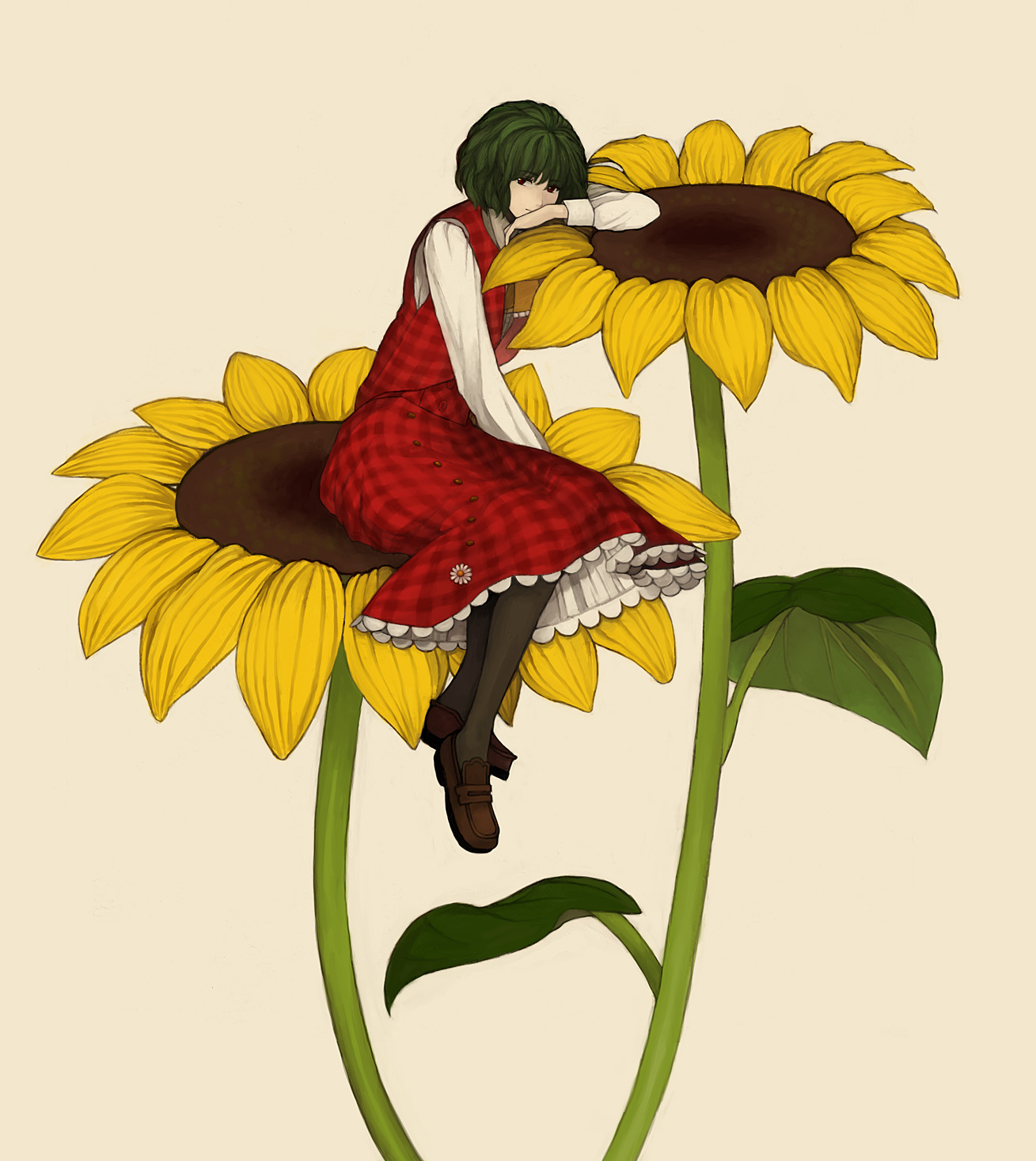 ameri, kazami yuuka, touhou, bad id, bad pixiv id, highres, 1girl, ascot, brown shoes, female focus, flower, green hair, on flower, oversized flower, pantyhose, plaid clothes, plaid skirt, plaid vest, red eyes, shoes, short hair, simple background, sitting, skirt, skirt set, solo, sunflower, vest