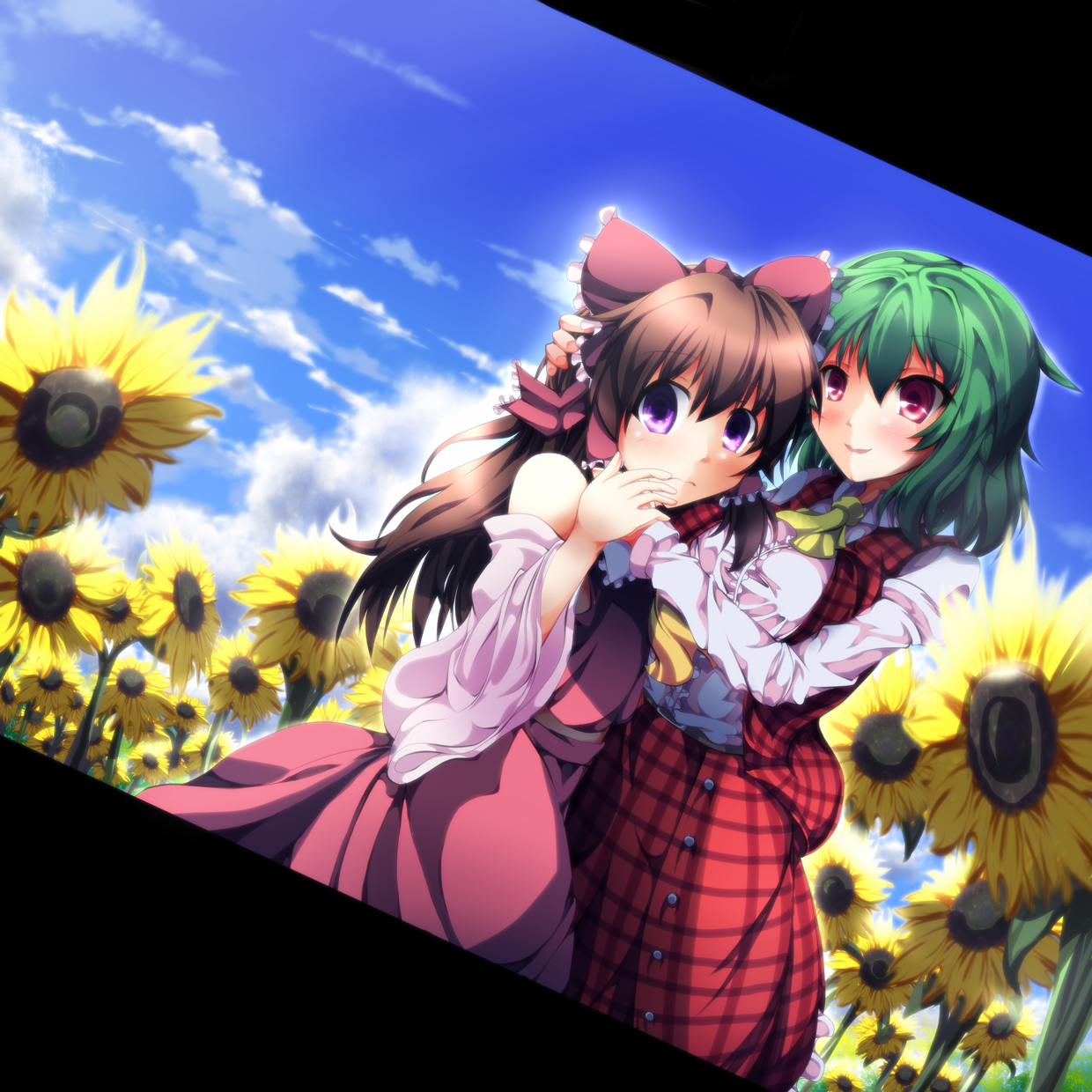 niyadepa, hakurei reimu, kazami yuuka, phantasmagoria of flower view, touhou, highres, 2girls, ascot, blush, bow, brown hair, day, detached sleeves, dutch angle, embarrassed, female focus, field, flower, flower field, green hair, hair bow, hug, multiple girls, plaid clothes, plaid skirt, plaid vest, purple eyes, red eyes, short hair, skirt, skirt set, sky, smile, sunflower, sunflower field, vest