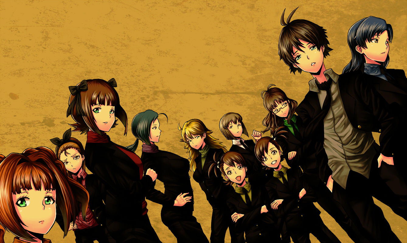 yokkora, akizuki ritsuko, amami haruka, futami ami, futami mami, hagiwara yukiho, hoshii miki, kikuchi makoto, kisaragi chihaya, minase iori, miura azusa, takatsuki yayoi, idolmaster, idolmaster (classic), 00s, 6+girls, androgynous, antenna hair, blonde hair, blue hair, brown eyes, brown hair, crossed arms, formal clothes, glasses, green eyes, hair down, hands in pockets, lips, long hair, looking at viewer, multiple girls, necktie, open mouth, pant suit, pants, reverse trap, short hair, siblings, sisters, standing, suit, teeth, tongue, tongue out, twins