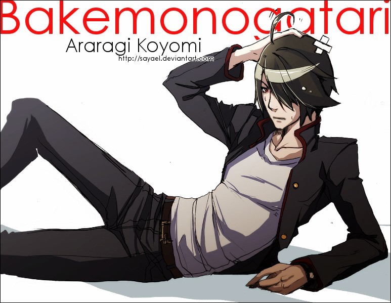 araragi koyomi, bakemonogatari, monogatari (series), 00s, black hair, male focus, pinup (style), red eyes