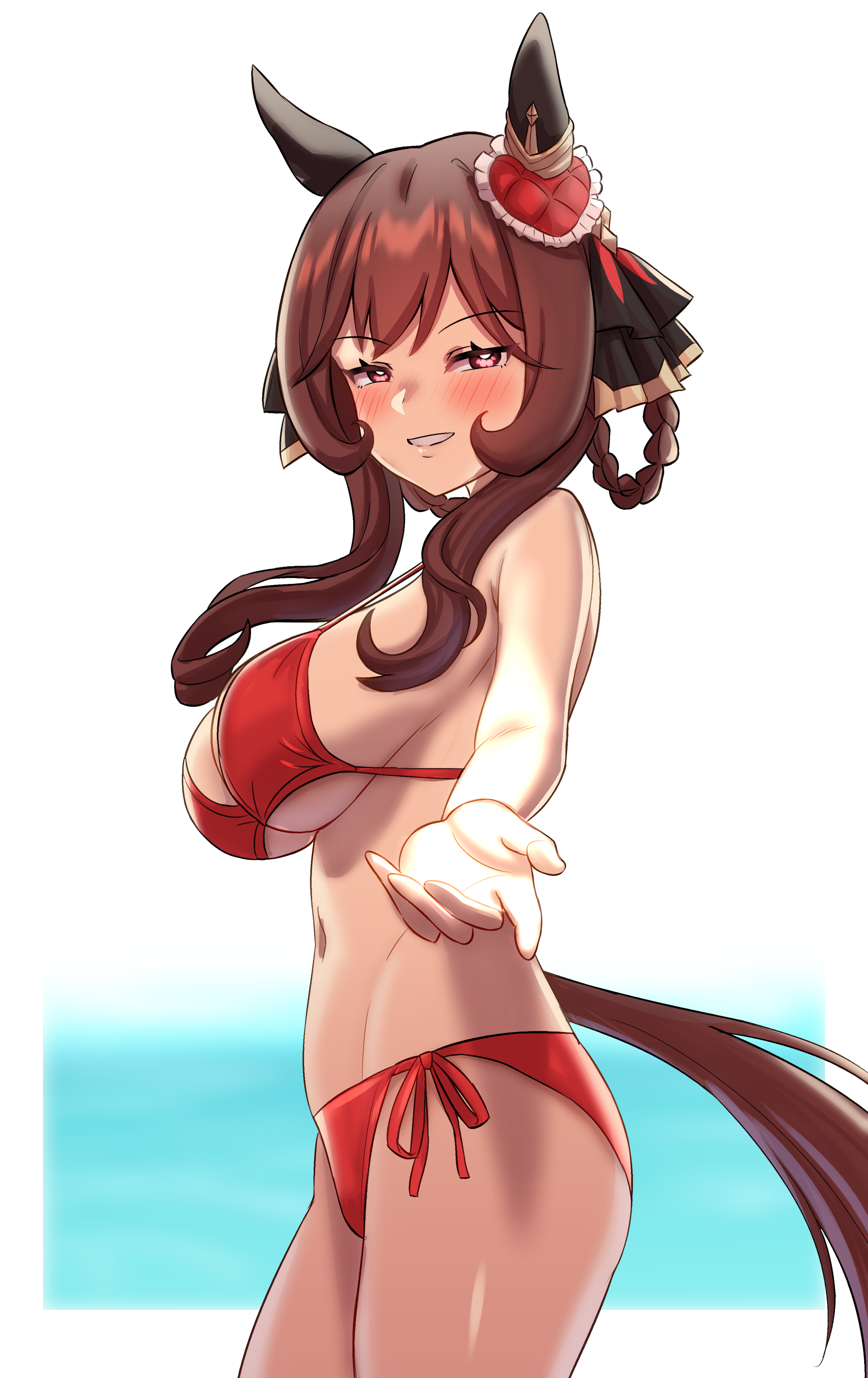 gupunetsu, gentildonna (umamusume), umamusume, absurdres, commentary request, highres, 1girl, animal ears, bikini, braid, braided hair rings, breasts, brown hair, cowboy shot, ear covers, hair rings, heart-shaped ornament, heart ear ornament, horse ears, horse girl, horse tail, large breasts, long hair, looking at viewer, reaching, reaching towards viewer, red bikini, red eyes, side-tie bikini bottom, solo, swimsuit, tail