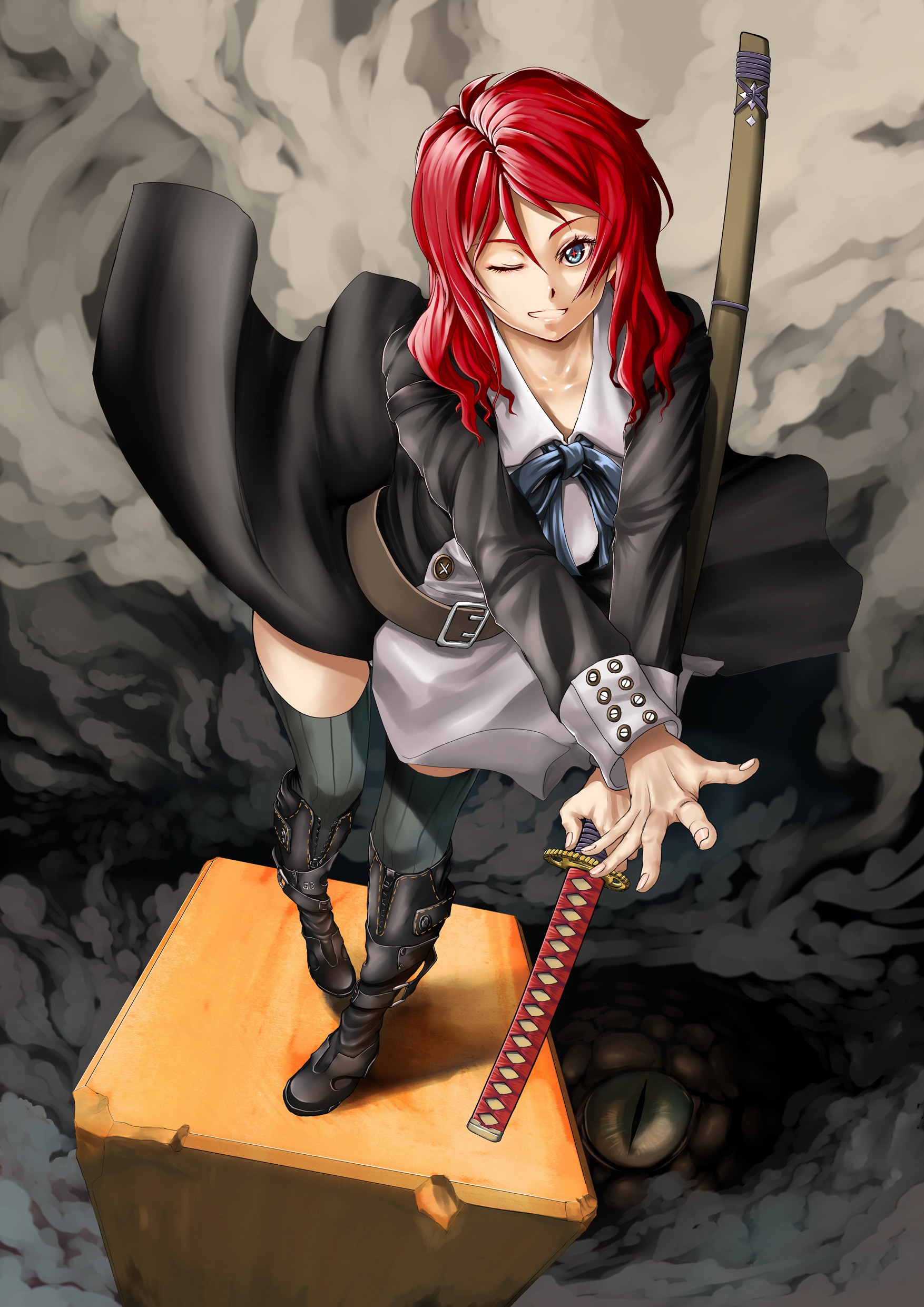 realmbw, original, absurdres, highres, 1girl, blue eyes, boots, female focus, katana, legs, long hair, one eye closed, perspective, red hair, sheath, sheathed, smile, solo, sword, weapon, wink