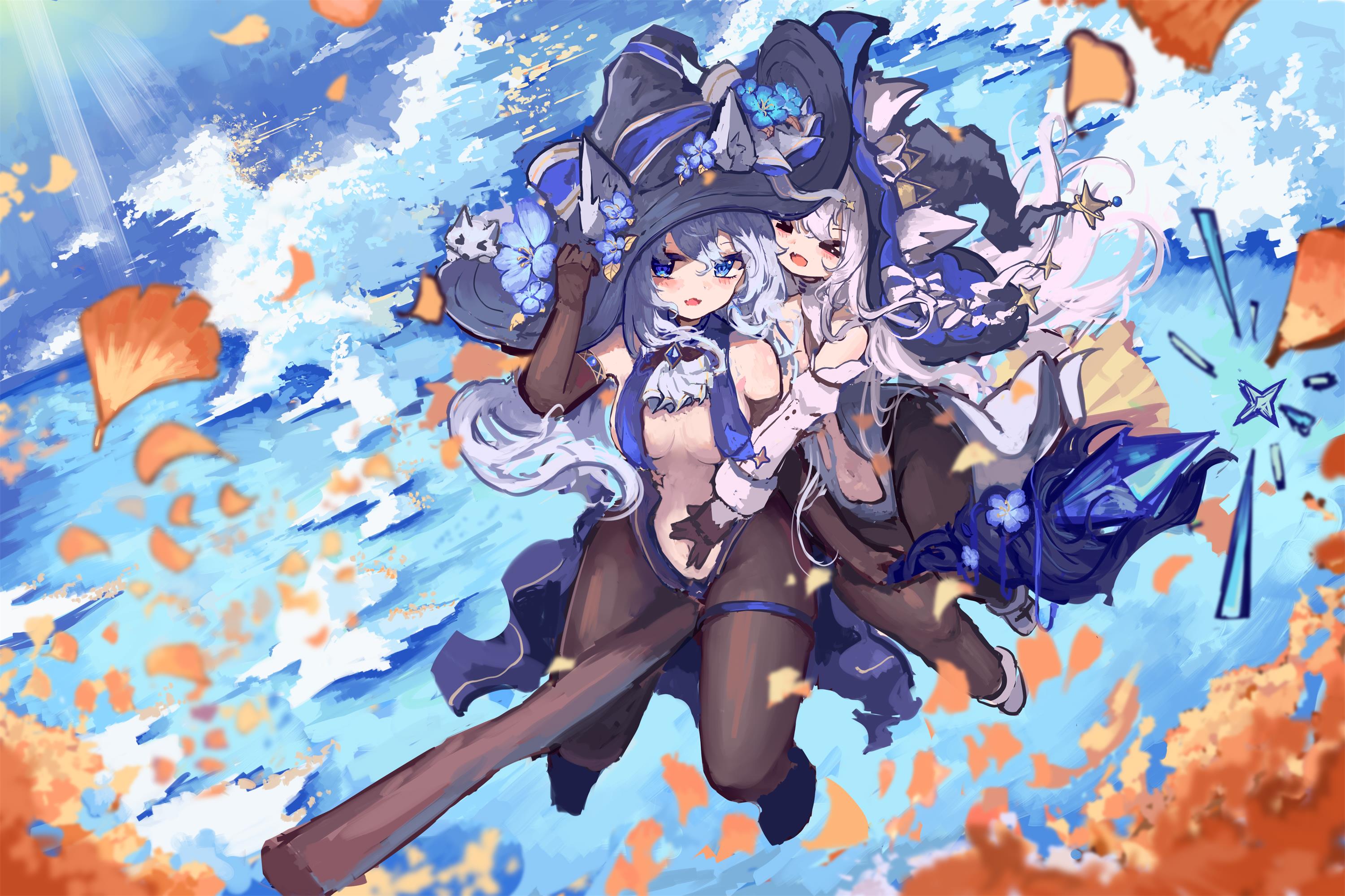 shangtianrudi xiaobailang, original, highres, 2girls, animal ears, bare shoulders, blue eyes, blush, breasts, broom, broom riding, closed eyes, cloud, fang, hat, long hair, looking at viewer, medium breasts, multiple girls, navel, pantyhose, smile, thick thighs, thighs, very long hair, white hair, wide hips, witch, witch hat