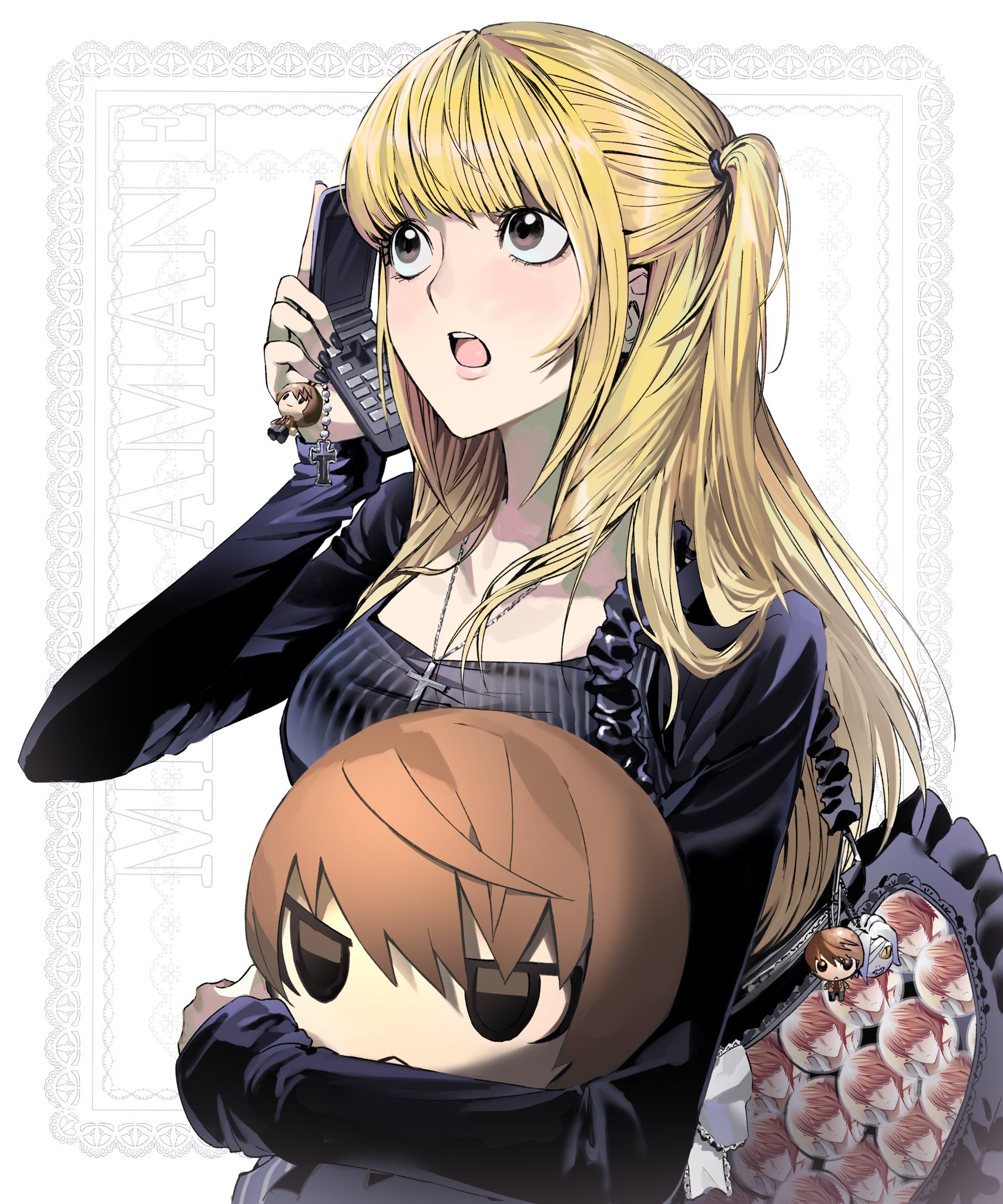 amane misa, rem (death note), yagami light, death note, highres, 1girl, aloij0, black nails, black shirt, black shrug, blonde hair, breasts, brown eyes, brown hair, cellphone, cellphone charm, character charm, character doll, character name, charm (object), cross, cross necklace, doll, flip phone, hair tie, half updo, holding, holding phone, jewelry, light blush, medium breasts, nail polish, necklace, open mouth, phone, shirt, short hair, shrug (clothing), talking on phone, twintails, upper body