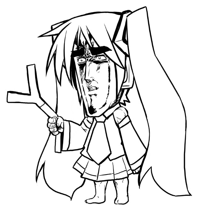 take shinobu, takesinobu, chibi miku, hatsune miku, kenshiro, hokuto no ken, vocaloid, bad id, bad pixiv id, 1boy, barefoot, greyscale, hara tetsuo (style), long hair, male focus, manly, miniskirt, monochrome, parody, skirt, solo, spring onion, style parody, twintails, very long hair, what