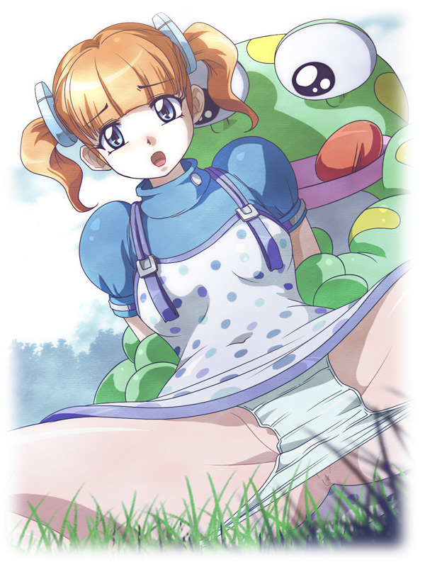 mipsu, kakwane, lumia waber, phantasy star, phantasy star universe, 1girl, :q, anus, blonde hair, blue eyes, creature, dress, female focus, grass, groin, loli, panties, panty pull, polka dot, short twintails, solo, spread legs, tongue, tongue out, twintails, uncensored, underwear, upskirt, white panties