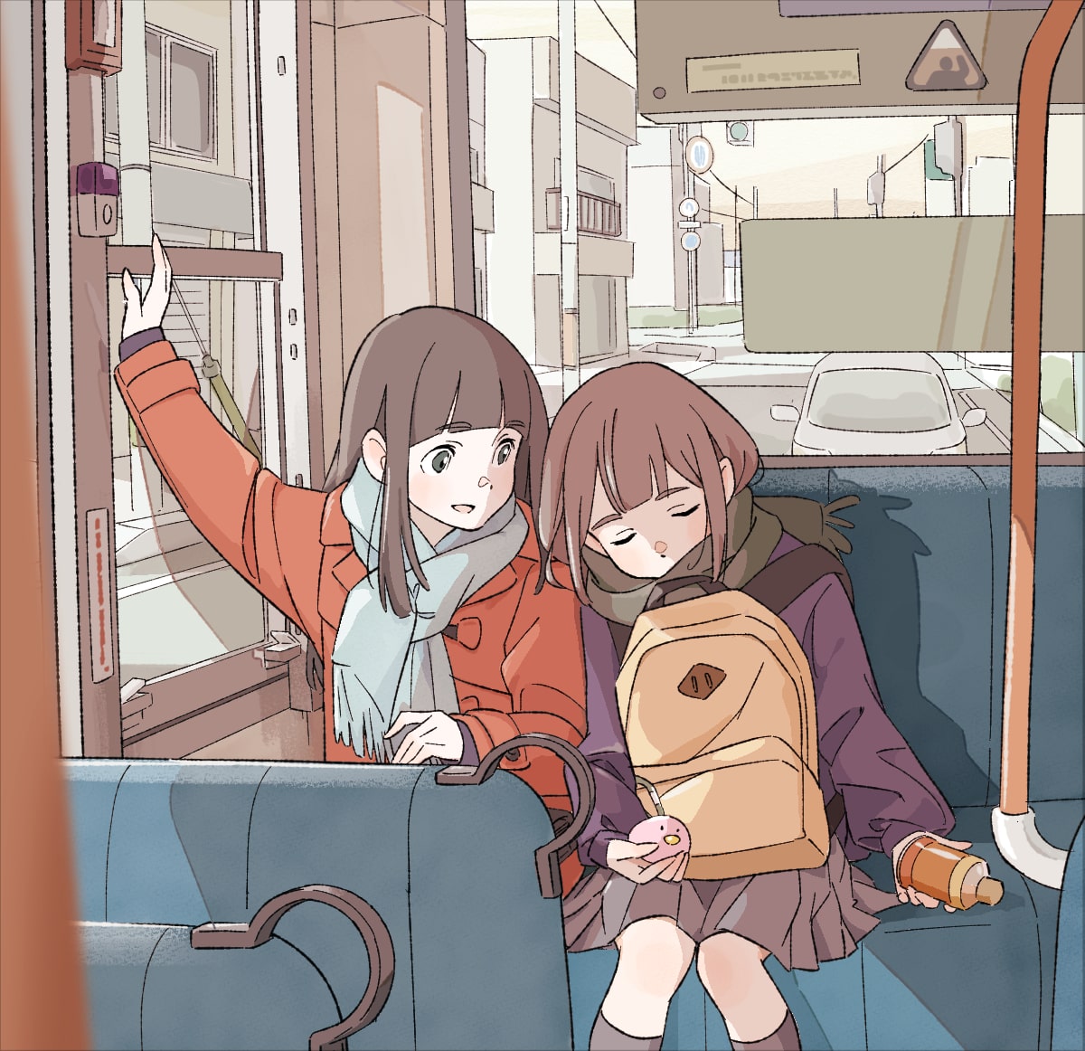 morison, original, commentary request, 2girls, arched bangs, arm up, backpack, bag, bag charm, brown coat, brown eyes, brown hair, brown scarf, bus interior, charm (object), closed eyes, coat, covered mouth, day, grey scarf, grey skirt, jacket, long hair, long sleeves, looking at another, looking to the side, multiple girls, parted lips, purple jacket, scarf, sitting, skirt, sleeping, sleeping upright, slice of life, winter clothes