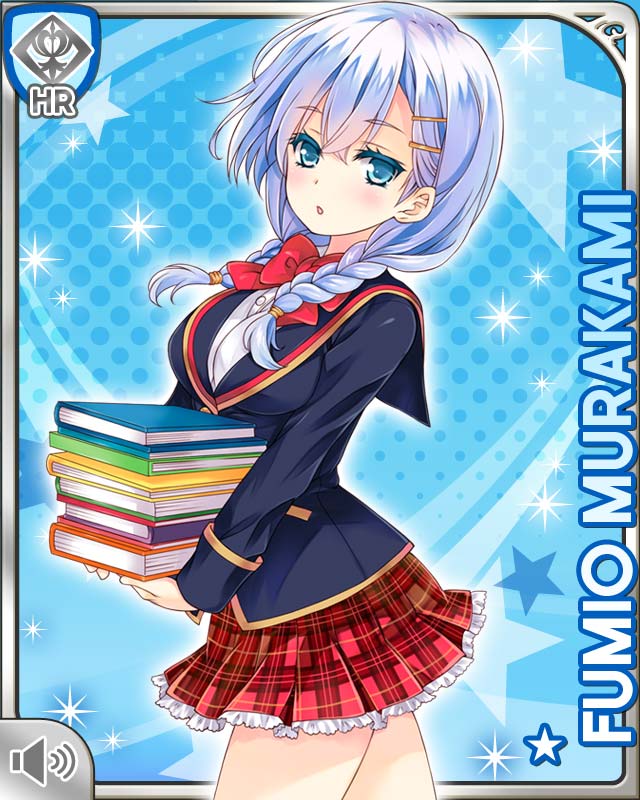 qp:flapper, murakami fumio, girlfriend (kari), official art, 1girl, blue background, blue eyes, blue hair, book, bow, bowtie, braid, breasts, card (medium), character name, hair ornament, hairclip, holding, holding book, jacket, large breasts, looking at viewer, miniskirt, plaid clothes, plaid skirt, pleated skirt, red bow, red bowtie, red skirt, school uniform, shirt, skirt, solo, standing, thighs, twin braids, white shirt