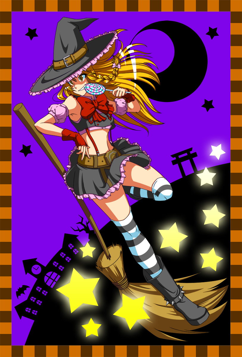ranchuu, ranchuu (akamusume), renge xx, kirisame marisa, touhou, bad id, bad pixiv id, highres, 1girl, belt, blonde hair, boots, bow, broom, candy, female focus, food, grin, halloween, lollipop, midriff, smile, solo, spikes, star (symbol), striped clothes, striped thighhighs, suspenders, swirl lollipop, thighhighs