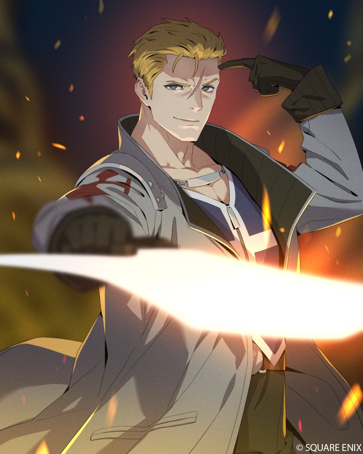 seifer almasy, final fantasy, final fantasy viii, square enix, silver necklace, highres, official art, 1boy, black gloves, black pants, blonde hair, blue eyes, blue vest, closed mouth, coat, embers, finger to face, furrowed brow, gloves, grey coat, gunblade, hair slicked back, holding, holding weapon, jewelry, long coat, looking at viewer, male focus, necklace, pants, pointing, pointing at self, scar, scar on face, scar on forehead, short hair, smile, solo, upper body, vest, weapon