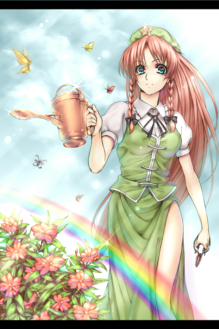 takemori shintarou, hong meiling, touhou, pitcher, bad id, braid, butterfly, china dress, chinese clothes, flower, hat, long hair, rainbow, red hair, ribbon, twin braids