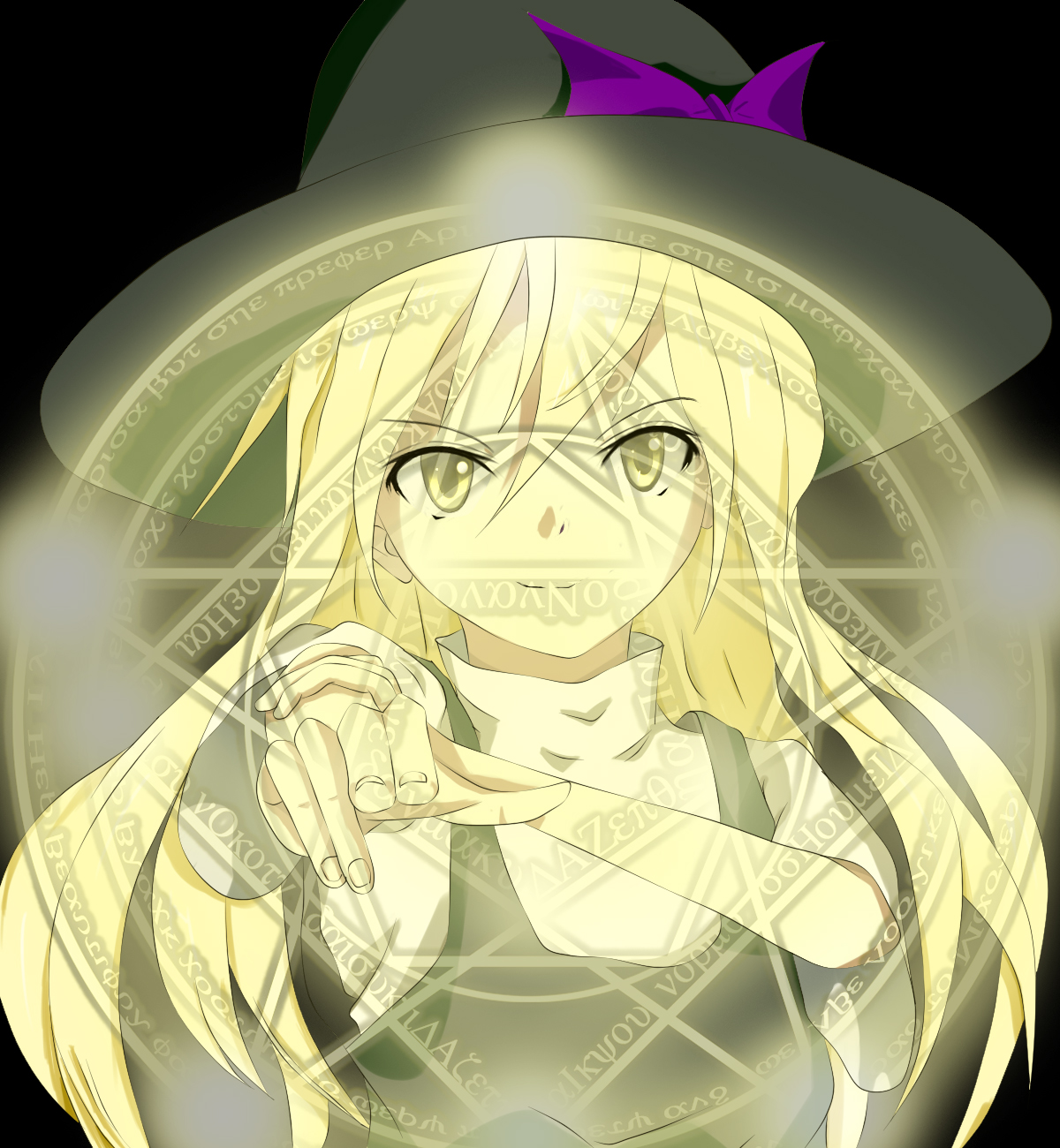 arika (jabbit), arika (pixiv), kirisame marisa, touhou, highres, 1girl, blonde hair, female focus, hat, long hair, magic circle, solo, witch, witch hat, yellow eyes