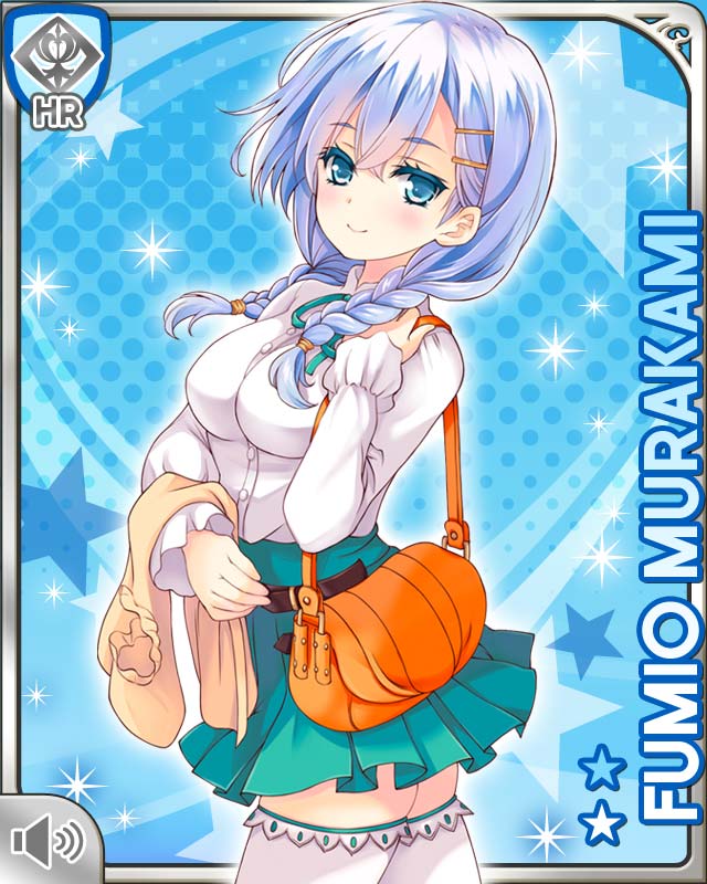 qp:flapper, murakami fumio, girlfriend (kari), official art, 1girl, bag, blue background, blue eyes, blue hair, braid, breasts, card (medium), character name, green ribbon, green skirt, hair ornament, hairclip, holding, holding bag, holding unworn clothes, large breasts, looking at viewer, miniskirt, neck ribbon, orange bag, pleated skirt, ribbon, shirt, shoulder bag, skirt, smile, solo, standing, thighhighs, thighs, twin braids, white shirt, white thighhighs, zettai ryouiki