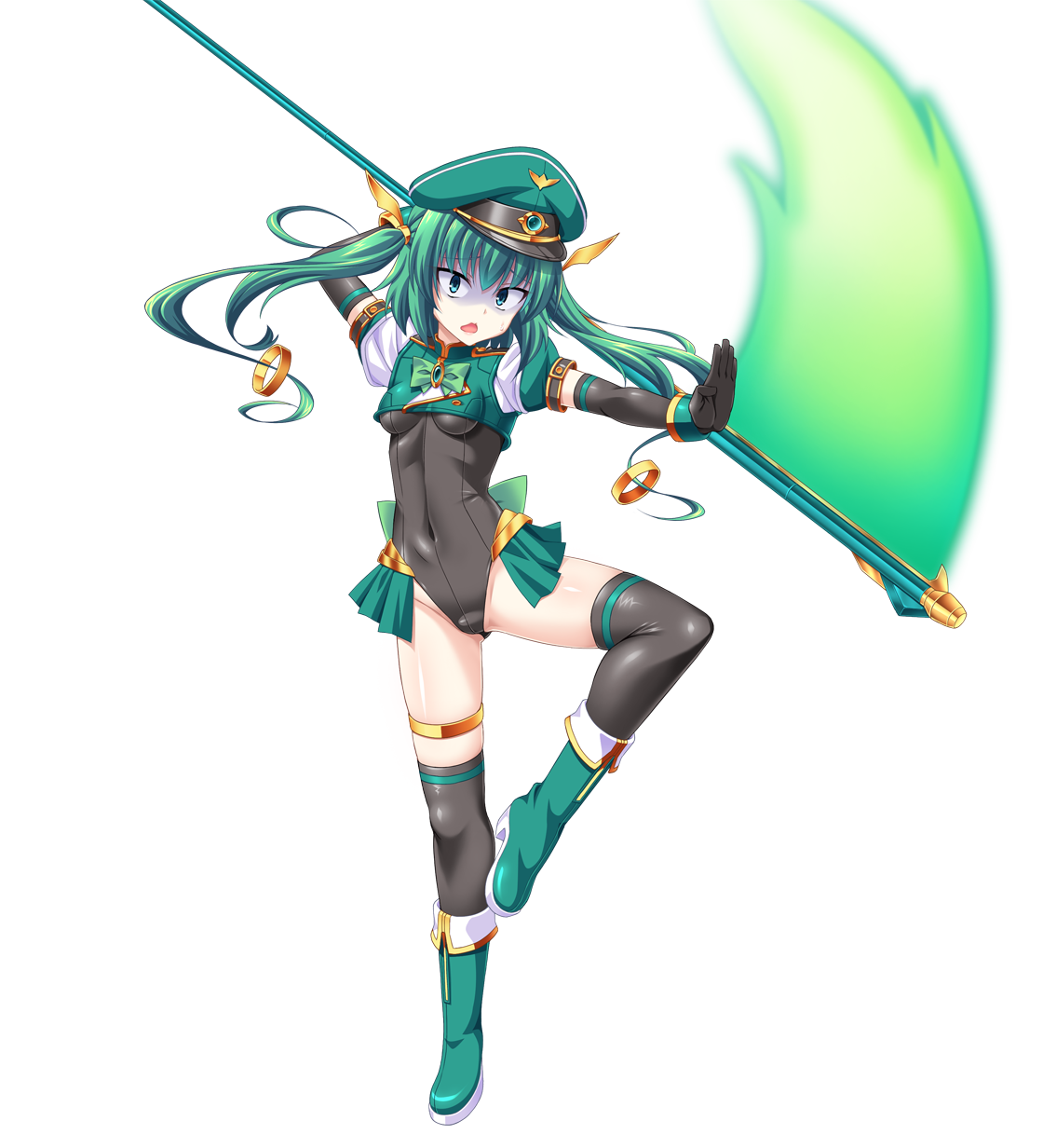 aoi masami, knight lapis, nina wang rockford, ts magical girl nao, game cg, highres, large variant set, non-web source, official art, variant set, 1girl, black gloves, black thighhighs, boots, breasts, covered navel, elbow gloves, energy scythe, flag, full body, gloves, green eyes, green hair, hat, holding, holding scythe, holding weapon, leotard, long hair, looking at viewer, magical girl, open mouth, peaked cap, scythe, shaded face, showgirl skirt, small breasts, solo, standing, standing on one leg, tachi-e, thighhighs, transparent background, turn pale, twintails, weapon