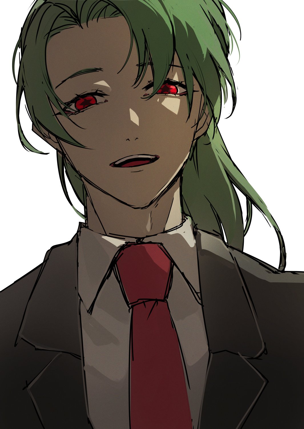 motoiwork, employee (project moon), nugget (project moon), lobotomy corporation, project moon, highres, 1boy, curtained hair, formal clothes, from below, green hair, lapels, looking at viewer, looking down, male focus, medium hair, necktie, notched lapels, red eyes, red necktie, shirt, smile, star-shaped pupils, star (symbol), suit, symbol-shaped pupils, teeth, upper teeth only, white background, white shirt