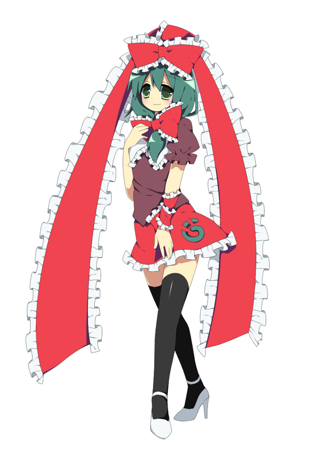 soranagi, kagiyama hina, touhou, bad id, bad pixiv id, 1girl, adapted costume, bow, female focus, front ponytail, green eyes, green hair, hair ribbon, large bow, matching hair/eyes, ribbon, short hair, solo, thighhighs