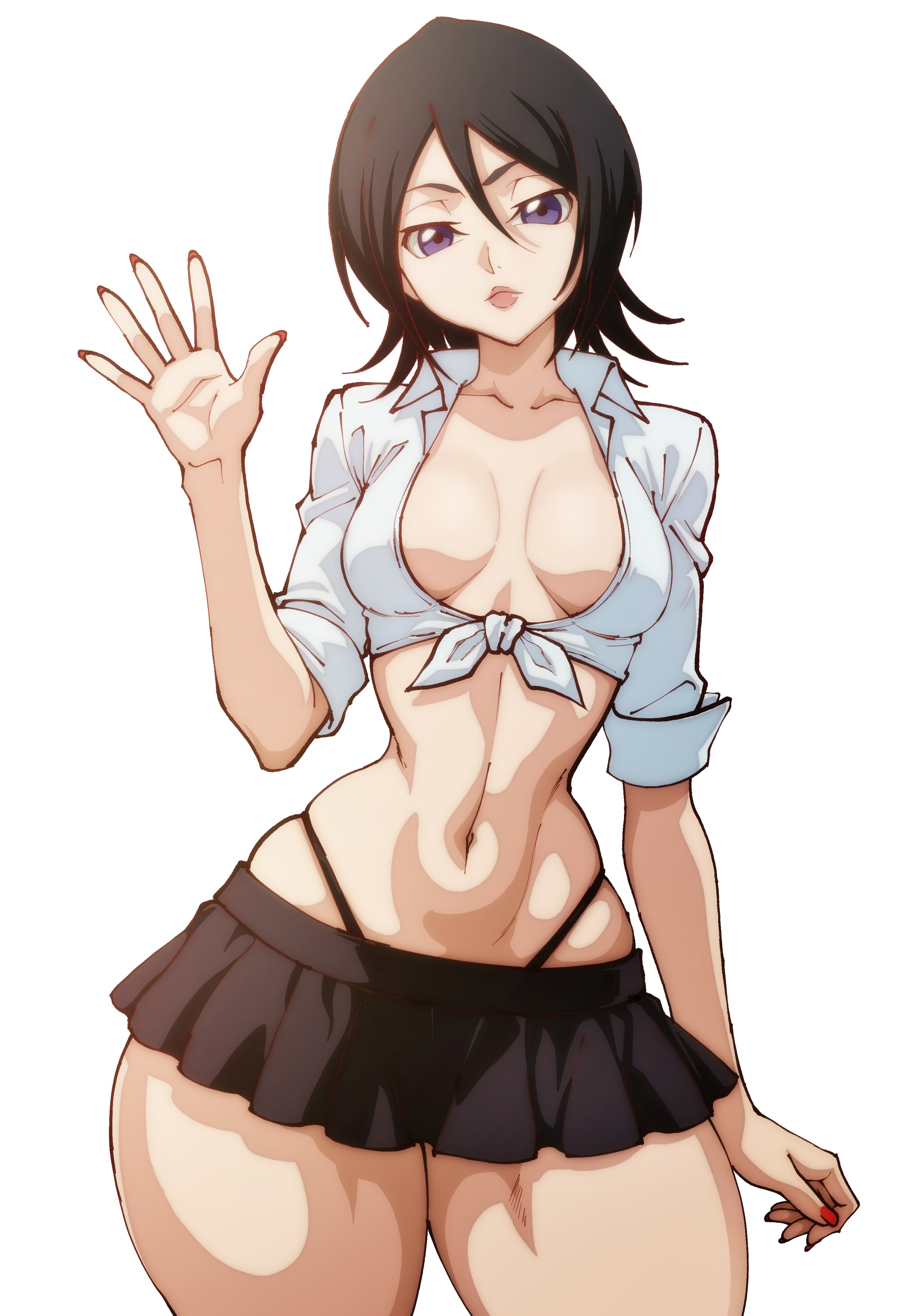 g-moreartworks, kuchiki rukia, bleach, highres, 1girl, 2025, black hair, breasts, collarbone, female focus, lips, looking at viewer, medium hair, navel, simple background, skirt, small breasts, solo, solo focus, standing, stomach, thighs, white background