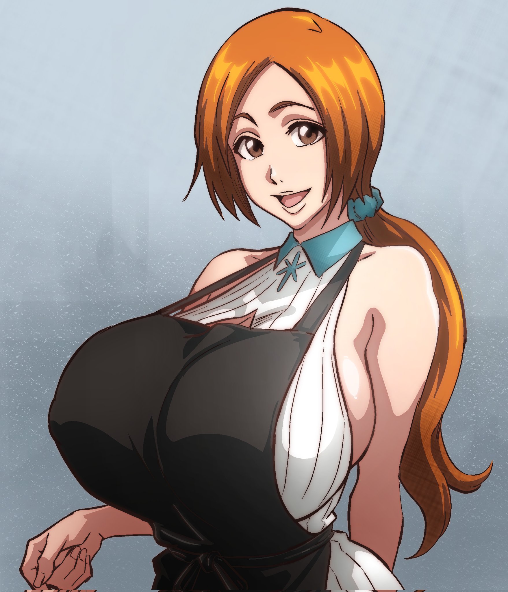g-moreartworks, inoue orihime, bleach, bleach: sennen kessen-hen, highres, 1girl, 2025, apron, bare shoulders, breasts, brown eyes, collarbone, female focus, grey background, happy birthday, large breasts, long hair, looking at viewer, open mouth, orange hair, ponytail, simple background