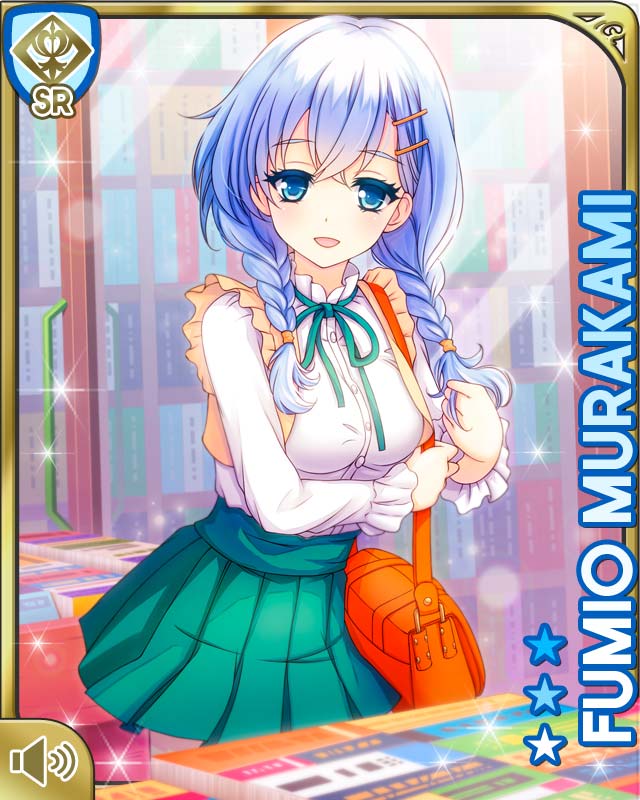 qp:flapper, murakami fumio, girlfriend (kari), official art, 1girl, :d, bag, blue eyes, blue hair, bookstore, braid, breasts, card (medium), character name, frilled sleeves, frills, green ribbon, green skirt, hair ornament, hairclip, holding, holding bag, large breasts, looking at viewer, miniskirt, neck ribbon, open mouth, orange bag, pleated skirt, ribbon, shirt, shop, shoulder bag, skirt, smile, solo, standing, twin braids, white shirt