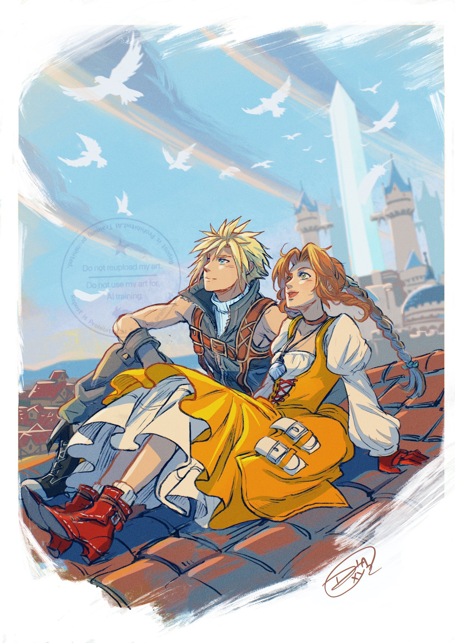 diana mercolini, aerith gainsborough, aerith gainsborough (garnet's gown), cloud strife, cloud strife (zidane's outfit), garnet til alexandros xvii, zidane tribal, final fantasy, final fantasy vii, final fantasy vii: ever crisis, highres, 1boy, 1girl, bare shoulders, bird, black boots, blonde hair, blue eyes, boots, border, breasts, brown choker, brown hair, castle, chest harness, choker, city, cosplay, cropped vest, crystal, dress, european architecture, full body, garnet til alexandros xvii (cosplay), gloves, green eyes, grey gloves, grey pants, grey vest, grey wrist cuffs, hair between eyes, hair ornament, hairclip, harness, jewelry, juliet sleeves, long dress, long hair, long sleeves, medium breasts, official alternate costume, on rooftop, open mouth, orange dress, pants, parted bangs, pendant, petticoat, puffy sleeves, red boots, red gloves, shirt, short hair, sidelocks, signature, sitting, smile, spiked hair, suspenders, vest, white border, white shirt, wrist cuffs, zidane tribal (cosplay)