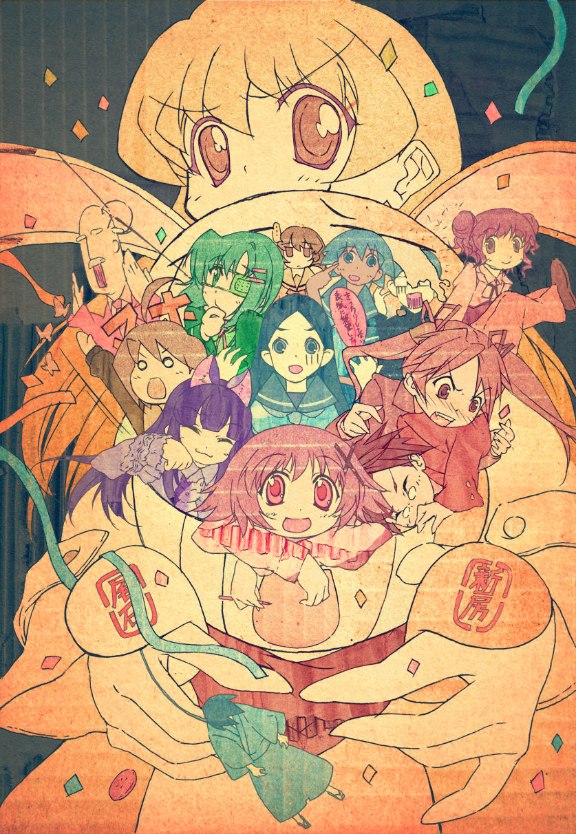 kitano yuusuke, hazuki (tsukuyomi), hiro (hidamari sketch), ichijou, itoshiki nozomu, kagurazaka asuna, katagiri himeko, kitsu chiri, negi springfield, principal (hidamari sketch), rebecca miyamoto, sekiutsu maria tarou, shindou chihiro, usui kagerou, yuno (hidamari sketch), ef (visual novel), hidamari sketch, mahou sensei negima!, pani poni dash!, sayonara zetsubou sensei, tsukuyomi moonphase, highres, md5 mismatch, source request, 00s, 3boys, 6+girls, :3, angry, animal ears, bell, cat ears, child, company connection, confetti, crossover, eyepatch, glasses, hanged, hanging, japanese clothes, multiple boys, multiple girls, paw pose, shaft (company), suicide, surprised, twintails
