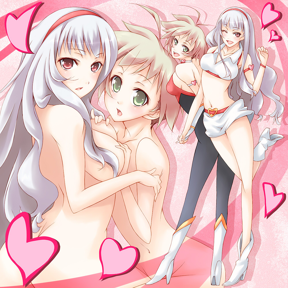 aaii, akizuki ryo, cutie honey (character), shijou takane, cutie honey, idolmaster, idolmaster (classic), idolmaster dearly stars, 1boy, 1girl, androgynous, armband, ass, breasts, butt crack, cosplay, crop top, cutie honey (character) (cosplay), cutie honey (cosplay), grabbing another's breast, groping, heart, hetero, high heels, long hair, magical girl, miniskirt, nude, shoes, skin tight, skirt, trap