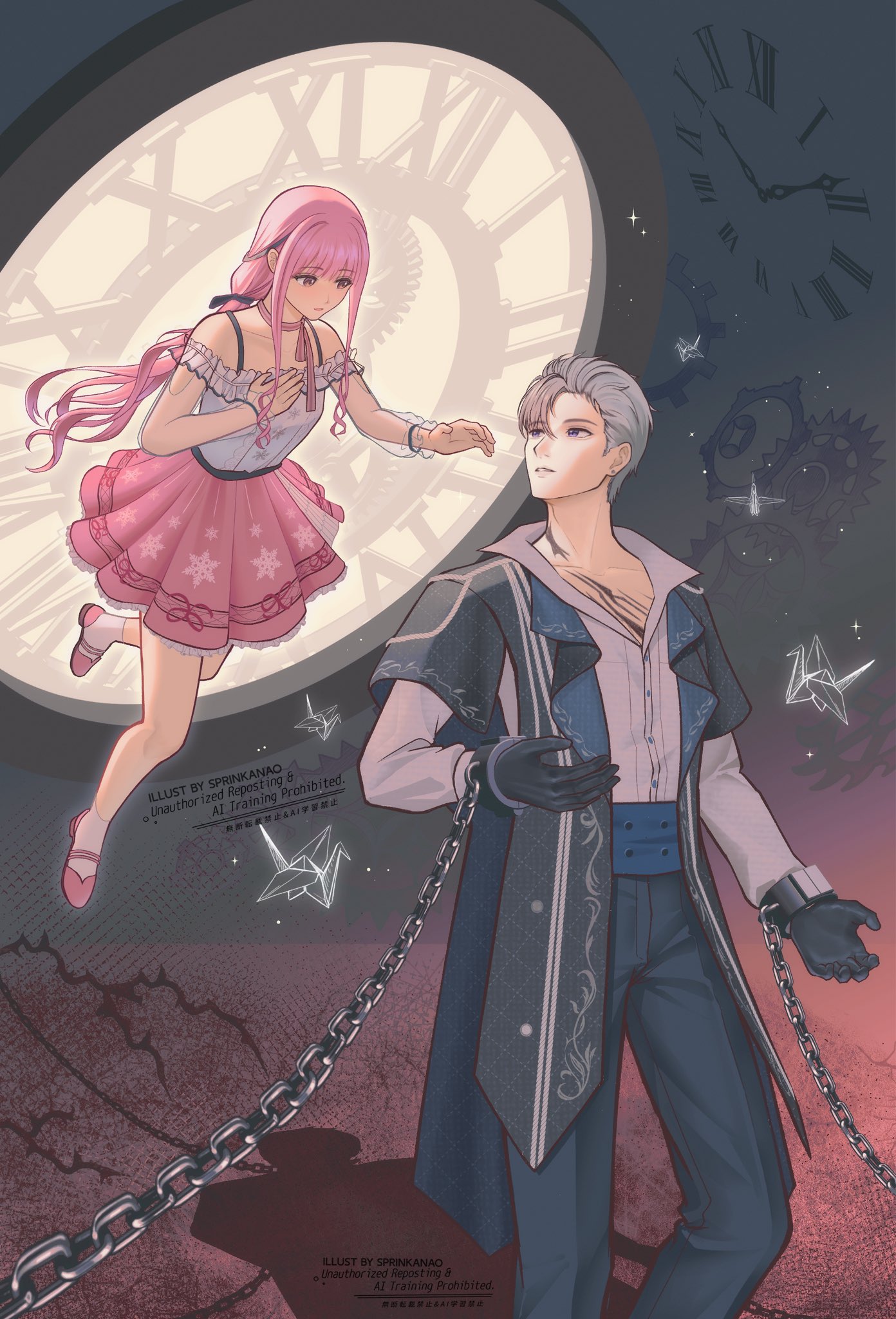 nao (sprinkanao), giovanni (infinity nikki), nikki (nikki), perfect start (infinity nikki), infinity nikki, nikki (series), commentary, english commentary, highres, 1boy, 1girl, arm cutout, artist name, bare legs, bare shoulders, belt, black background, black belt, black bow, black gloves, black ribbon, blue corset, blue pants, blunt bangs, bow, bow choker, bowtie, bra strap, brown eyes, buttons, center frills, choker, claw mark, clock, clothing cutout, coat, coattails, collarbone, collared coat, collared shirt, contrast lapels, corset, cuffs, denim, dress shirt, feet out of frame, floating, frilled shirt, frilled skirt, frilled sleeves, frills, full body, gears, gloves, grey coat, grey eyes, grey hair, hair bow, hair over one eye, hair ribbon, hand on own chest, jeans, knees, lapels, layered skirt, layered sleeves, light particles, long hair, long sidelocks, long sleeves, looking at another, low twintails, mary janes, miniskirt, notched lapels, off-shoulder shirt, off shoulder, open clothes, open coat, origami, outstretched hand, pants, paper crane, parted lips, pink bow, pink bowtie, pink choker, pink hair, pink shoes, pink skirt, pleated skirt, print skirt, puffy long sleeves, puffy sleeves, ribbon, see-through clothes, see-through sleeves, shackles, shadow, shirt, shoes, short hair, short over long sleeves, short sleeves, sidelocks, single stripe, skirt, sleeves past wrists, snowflake print, snowflakes, socks, standing, striped bow, striped bowtie, striped choker, striped clothes, tailcoat, teeth, thorns, tress ribbon, twintails, very long hair, watermark, wavy hair, white shirt, white skirt, white socks