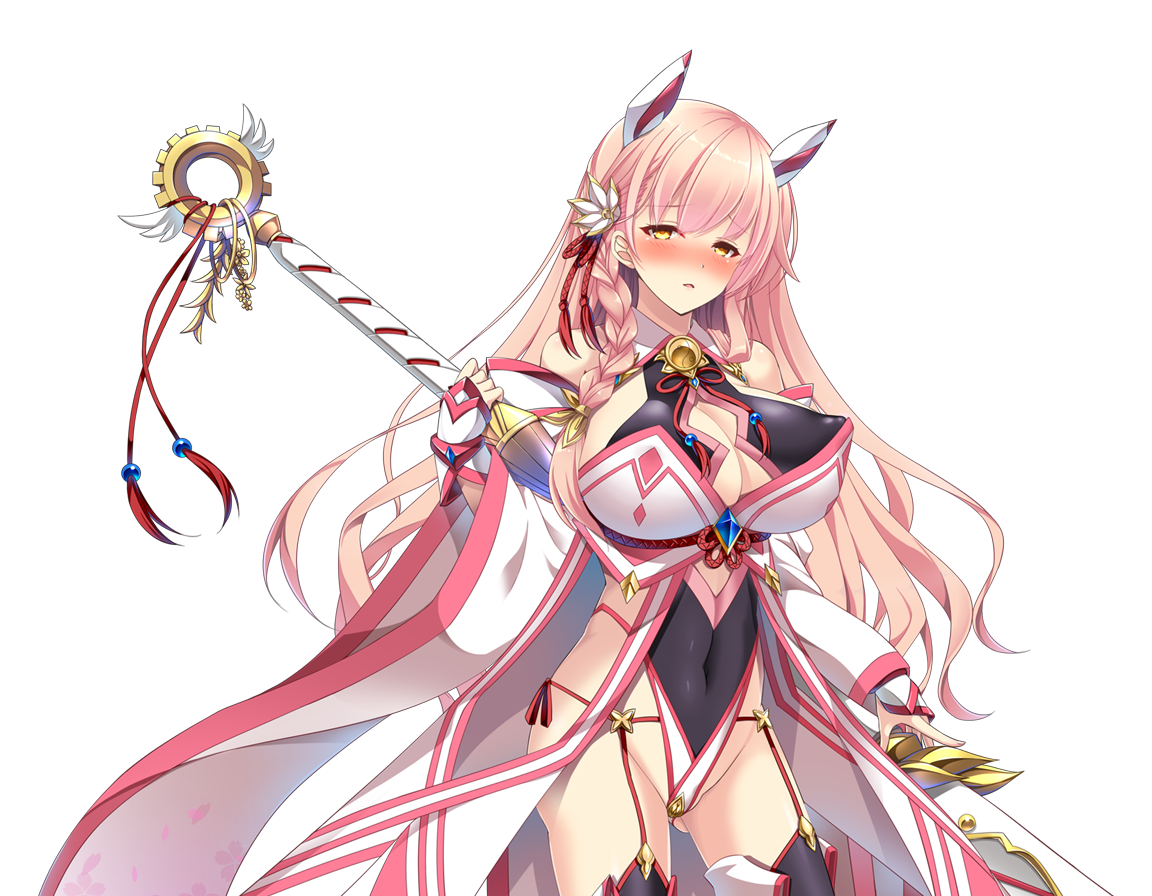 chikubi (artist), kusarou, morita ouka, mahou shoujo inori, game cg, large variant set, non-web source, official art, variant set, 1girl, bare shoulders, bell, black thighhighs, blush, braid, breasts, cleavage, cleavage cutout, clothing cutout, covered erect nipples, covered navel, cowboy shot, detached sleeves, flower, garter straps, gloves, gluteal fold, hair flower, hair ornament, headgear, highleg, highleg leotard, holding, holding polearm, holding weapon, huge breasts, japanese clothes, jingle bell, leotard, long hair, looking at viewer, magical girl, nose blush, orange eyes, parted lips, pink hair, polearm, ribbon, side braid, solo, spear, standing, thighhighs, transparent background, weapon, wide sleeves, yellow eyes