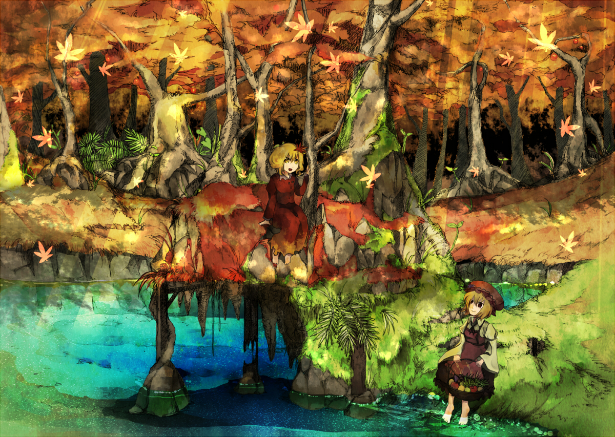 tokoroten (hmmuk), aki minoriko, aki shizuha, touhou, bad id, bad pixiv id, 2girls, autumn, barefoot, blonde hair, brown eyes, day, dress, female focus, food, forest, fruit, landscape, leaf, maple leaf, moss, multiple girls, nature, outdoors, plant, red dress, scenery, siblings, sisters, sunlight, water, yellow eyes