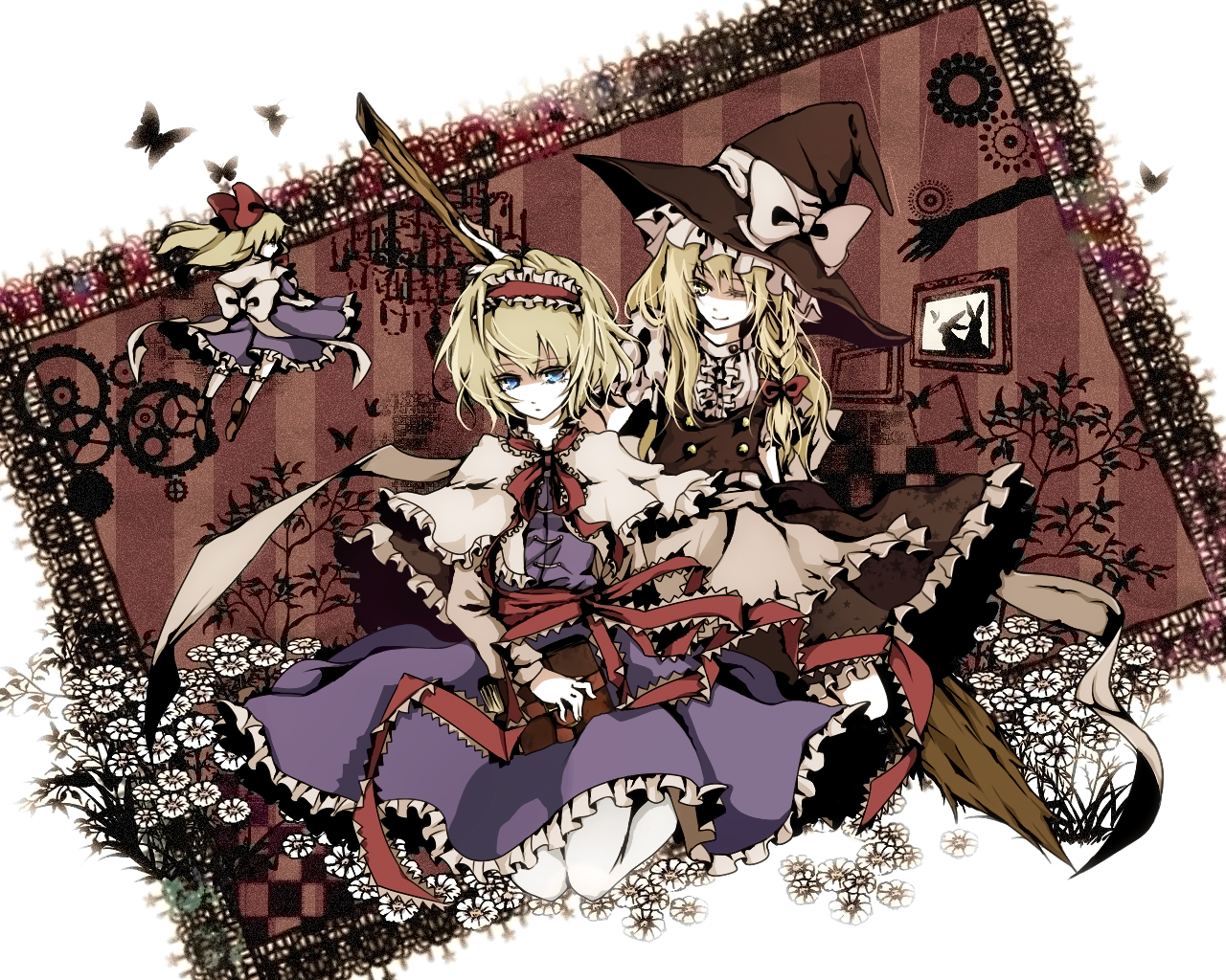 yume koucha, alice margatroid, kirisame marisa, shanghai doll, touhou, 2girls, blonde hair, blue eyes, book, braid, doll, female focus, hairband, hat, long hair, multiple girls, ribbon, witch, witch hat, yellow eyes