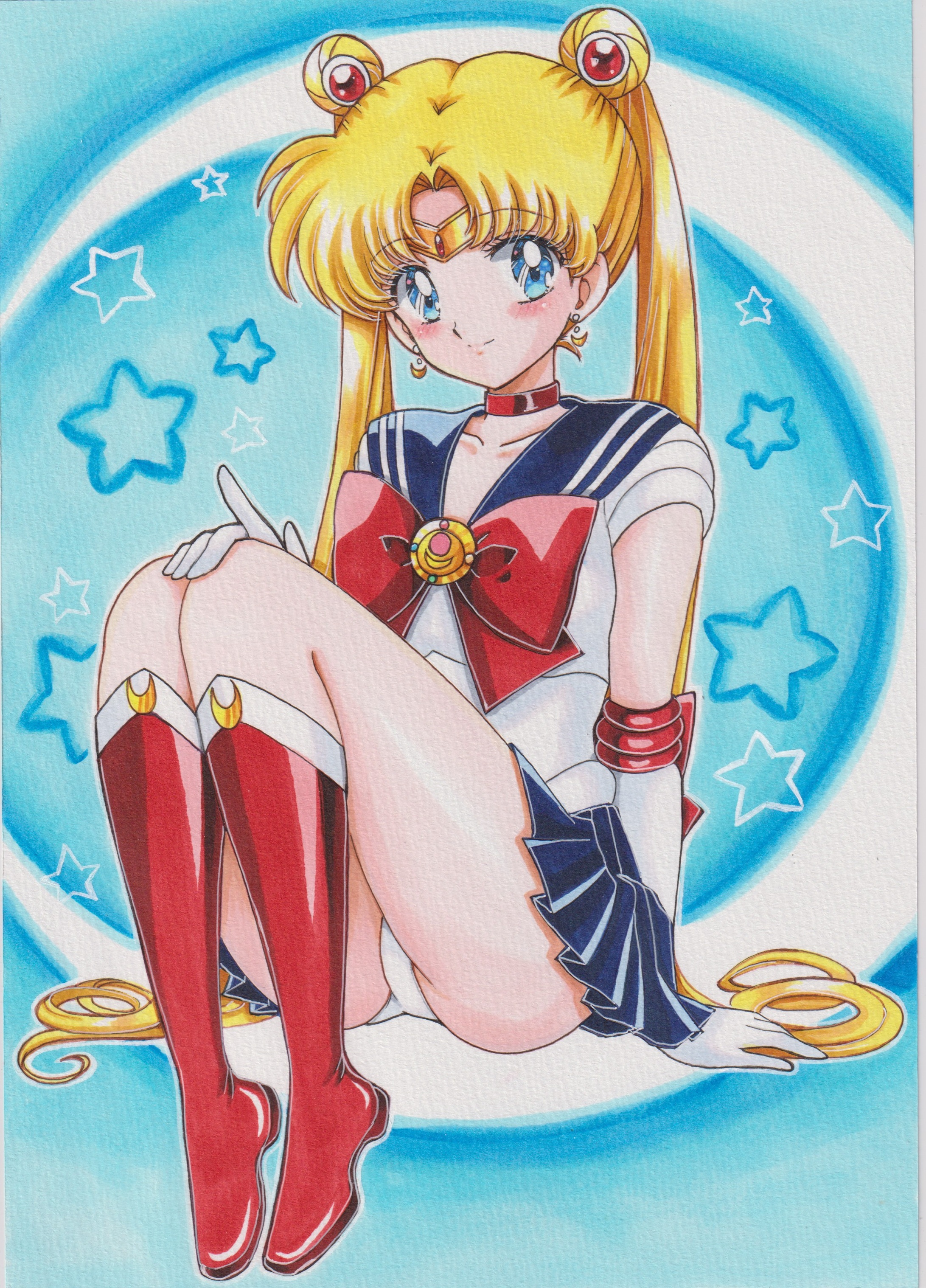 chikoto (kztc4472), sailor moon, tsukino usagi, bishoujo senshi sailor moon, absurdres, commentary, highres, traditional media, 1girl, ass, blonde hair, blue eyes, blue sailor collar, boots, choker, circlet, collarbone, crescent, crescent earrings, double bun, earrings, elbow gloves, flower earrings, gloves, hair bun, hair ornament, jewelry, long hair, looking at viewer, magical girl, panties, pantyshot, raised eyebrows, red boots, red choker, sailor collar, sailor senshi uniform, skirt, smile, solo, twintails, underwear, white gloves