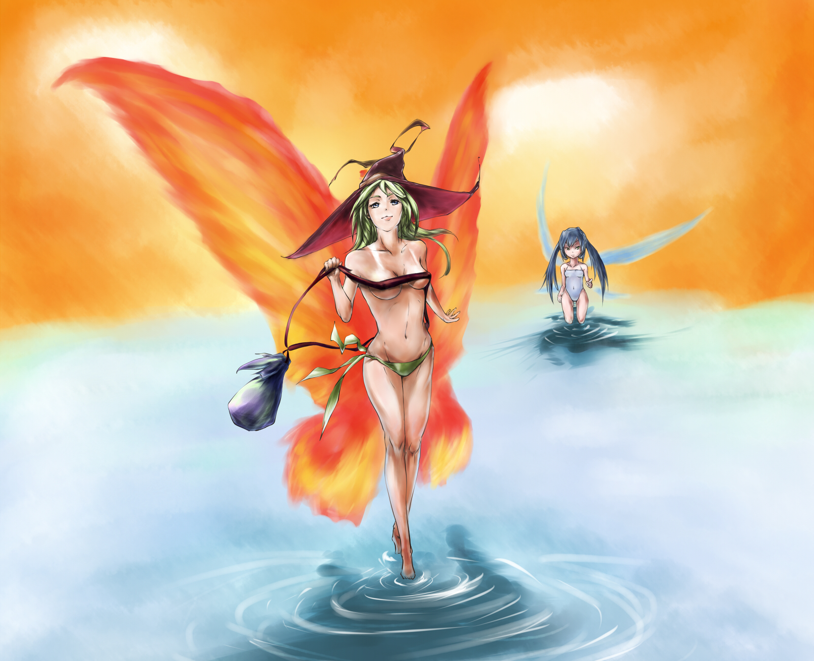 dohreiko, original, highres, 2girls, barefoot, bikini tan, blue hair, butterfly wings, green hair, hat, insect wings, legs, long hair, multiple girls, one-piece swimsuit, ripples, swimsuit, tan, tanline, twintails, water, wings, witch hat